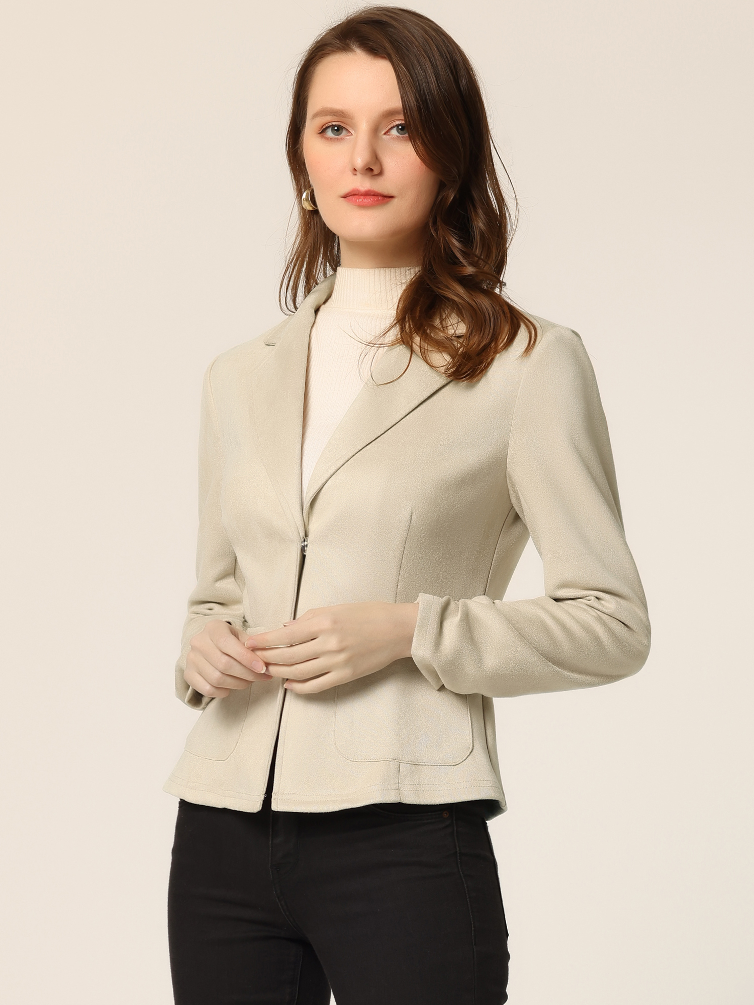 Long Sleeve Casual Open Front Drawstring Faux Suede Blazer Beige/S