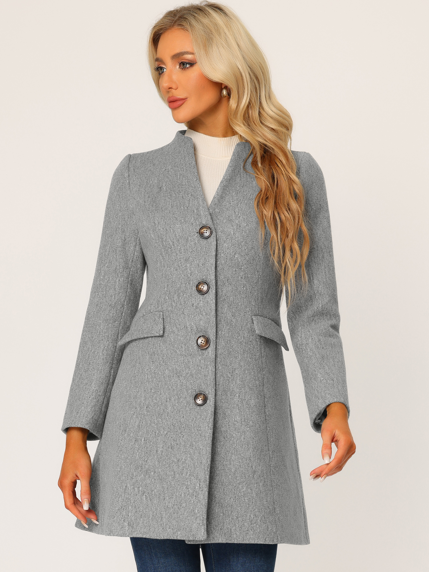 Elegant Winter Overcoat V Neck Single Breasted Long Coat Grey/S