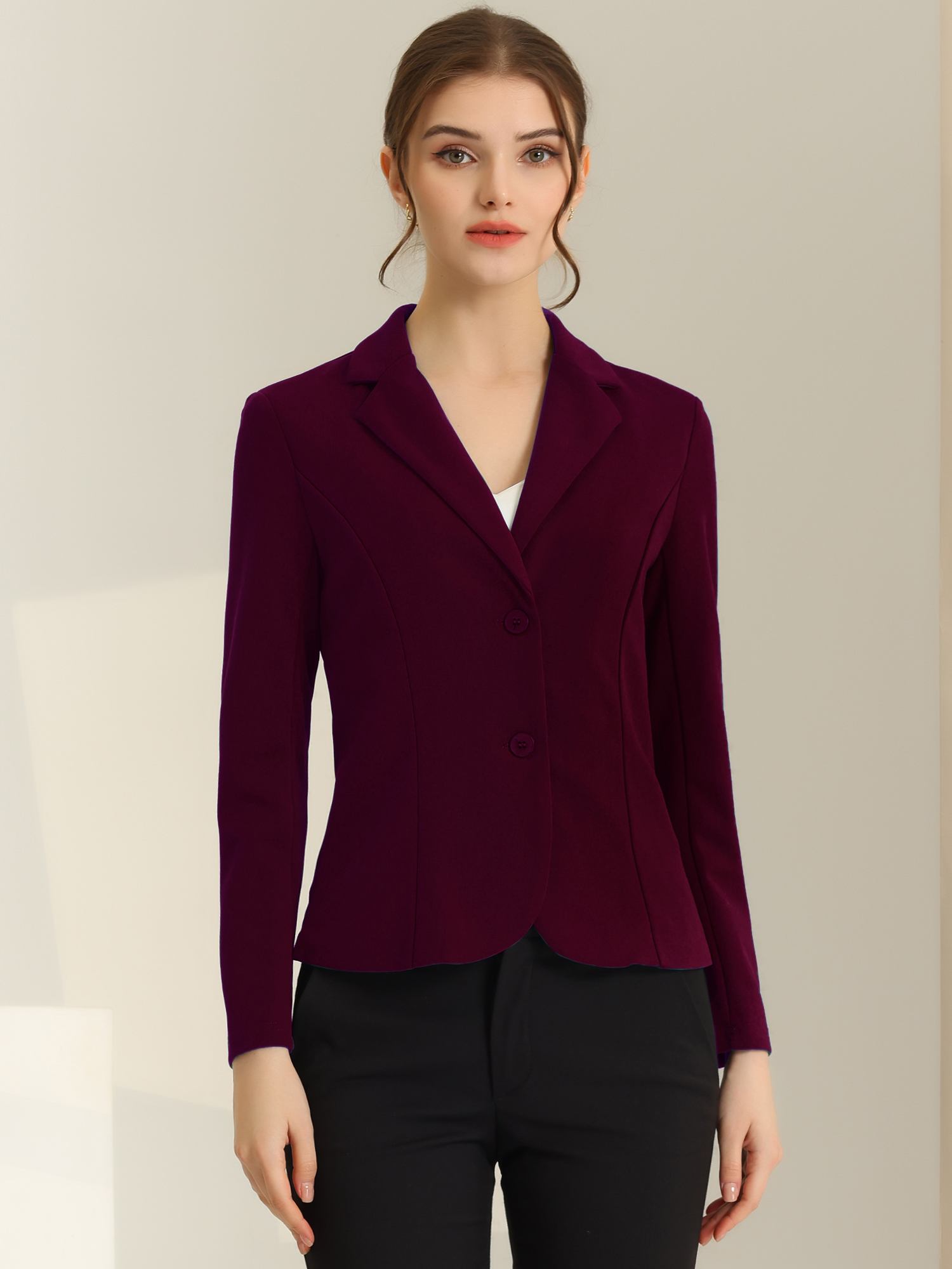 Solid Work Office Lapel Collar Stretch Jacket Suit Blazer Purplish Red/XS