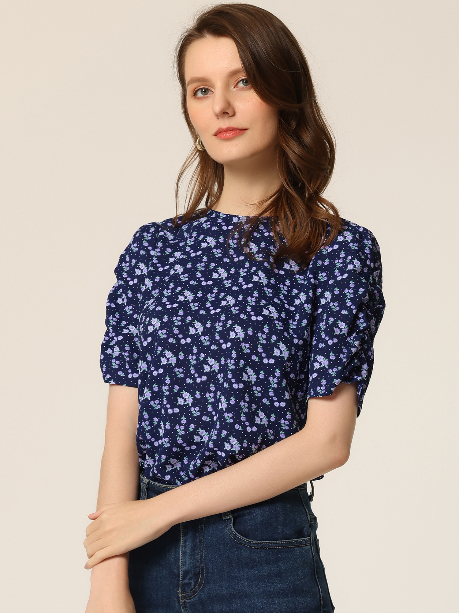 Floral Crew Neck Ruched Sleeve Casual Blouse Dark Blue/L