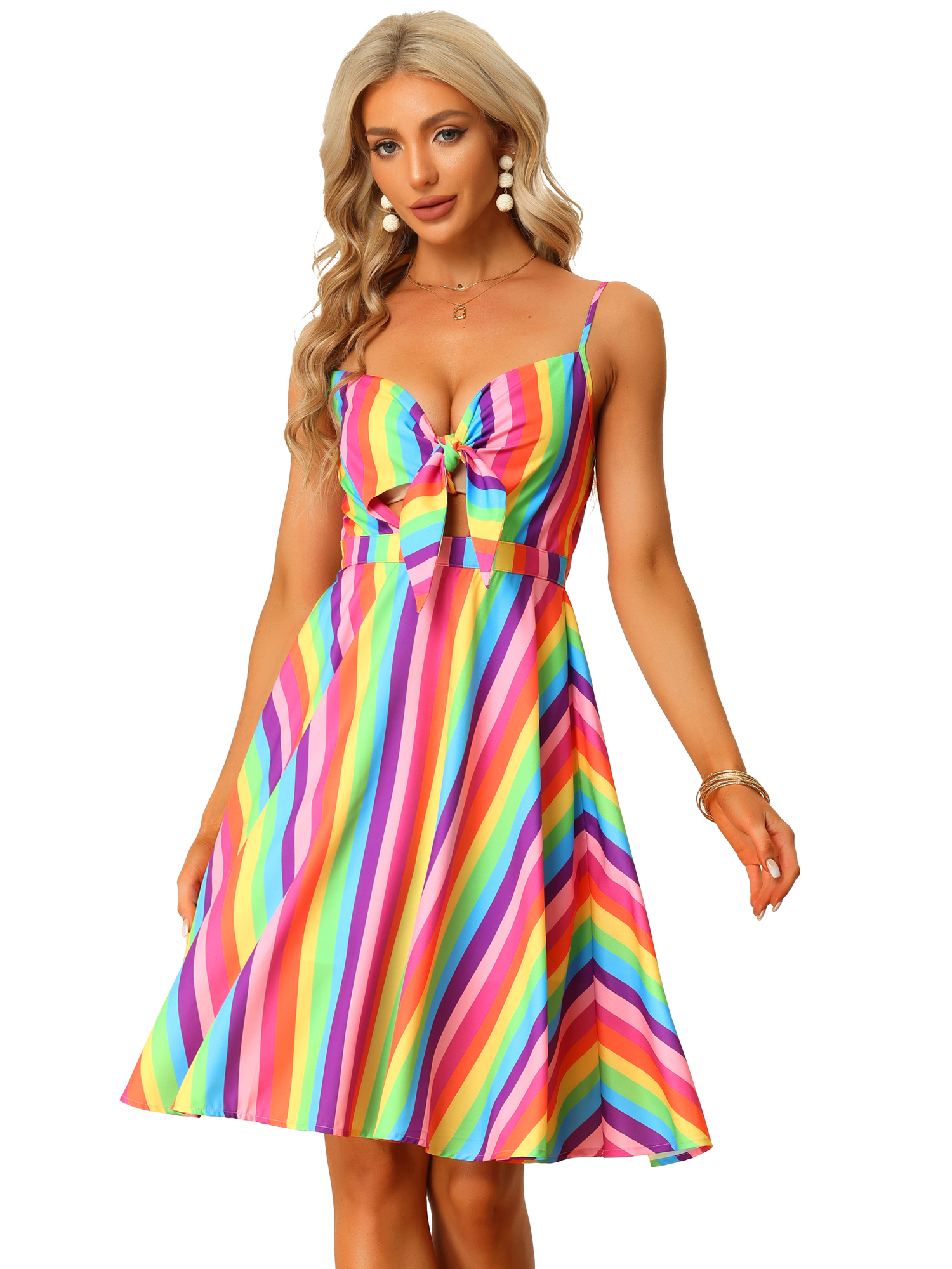 Allegra – Summer Casual Beach V Neck Tie Front Rainbow Spaghetti Strap Dress Rainbow/L