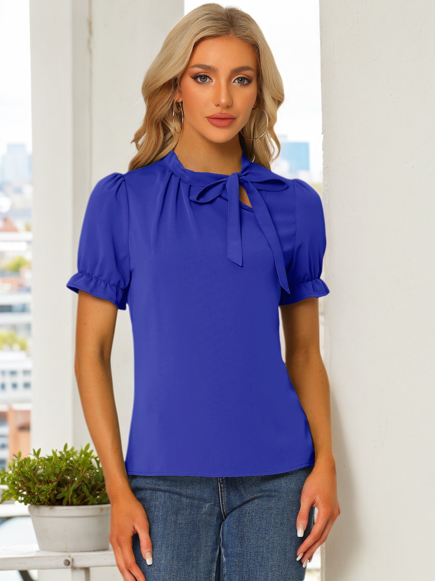 Bow Tie Neck Tops Elegant Office Short Sleeve Blouse Royal Blue/S