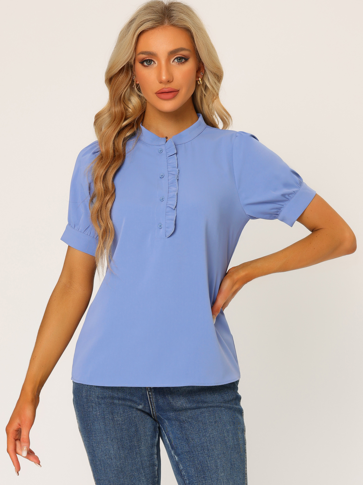 Work Office Top Puff Sleeve Half Placket Ruffled Shirt Blouse Blue/S