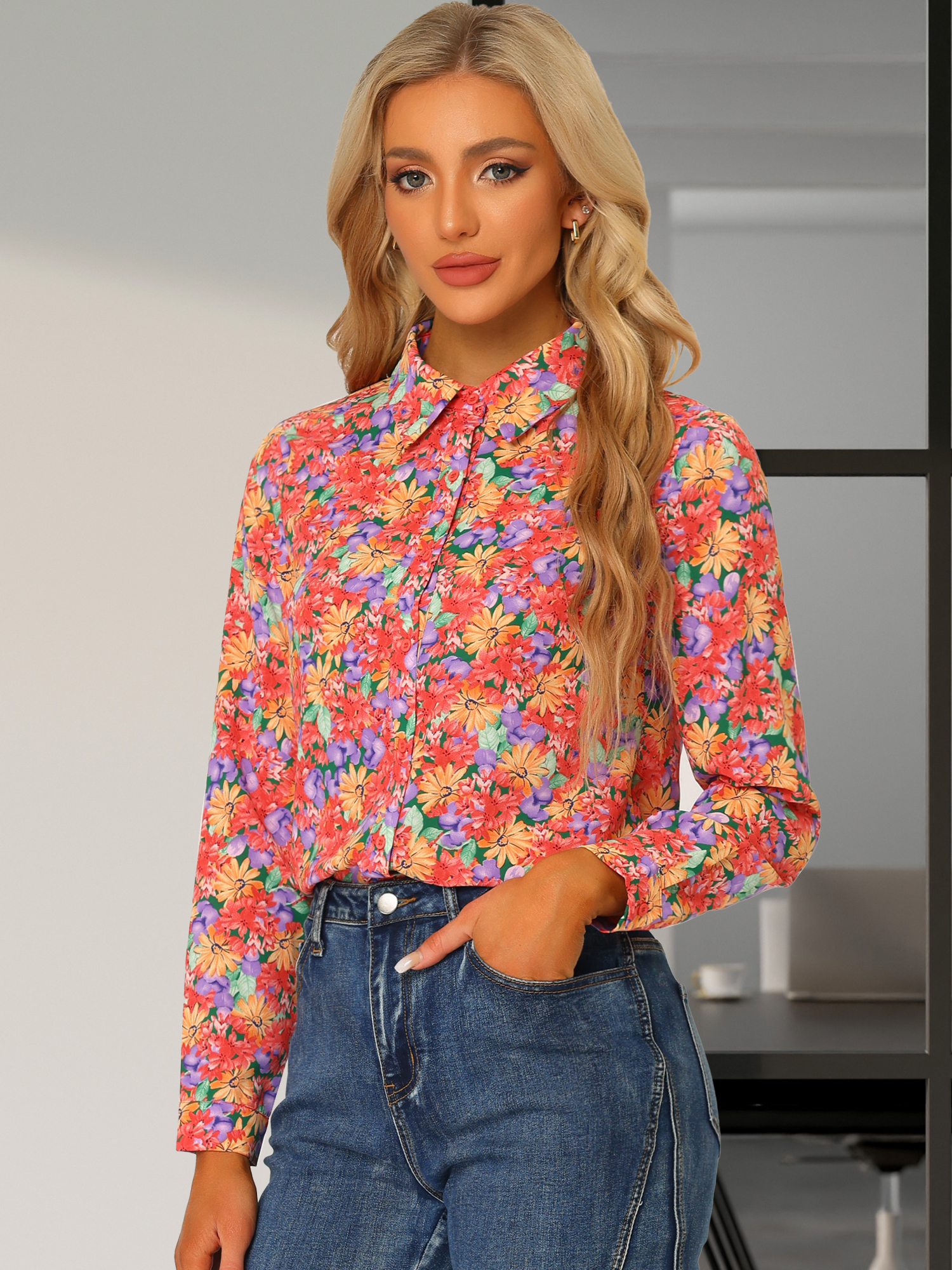 Button Down Floral Long Sleeve Point Collar Blouse Orange/L