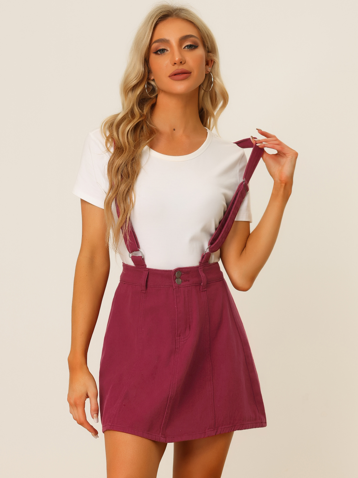 Adjustable Strap Braces Mini Suspender Washed Overall Denim Skirt Wine Red/XL
