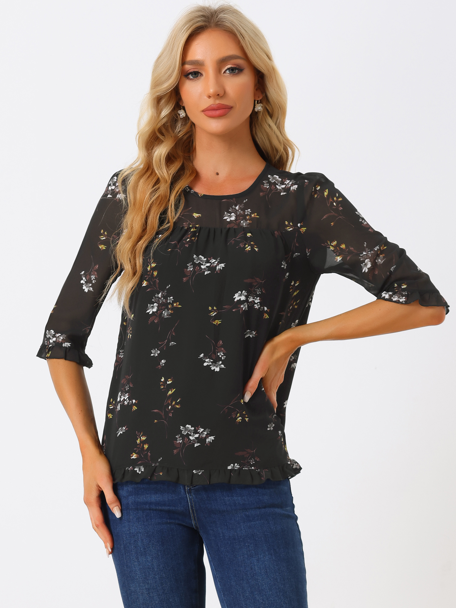 Casual Ruffle Floral Print 3/4 Sleeve Chiffon Blouse Black/2XL