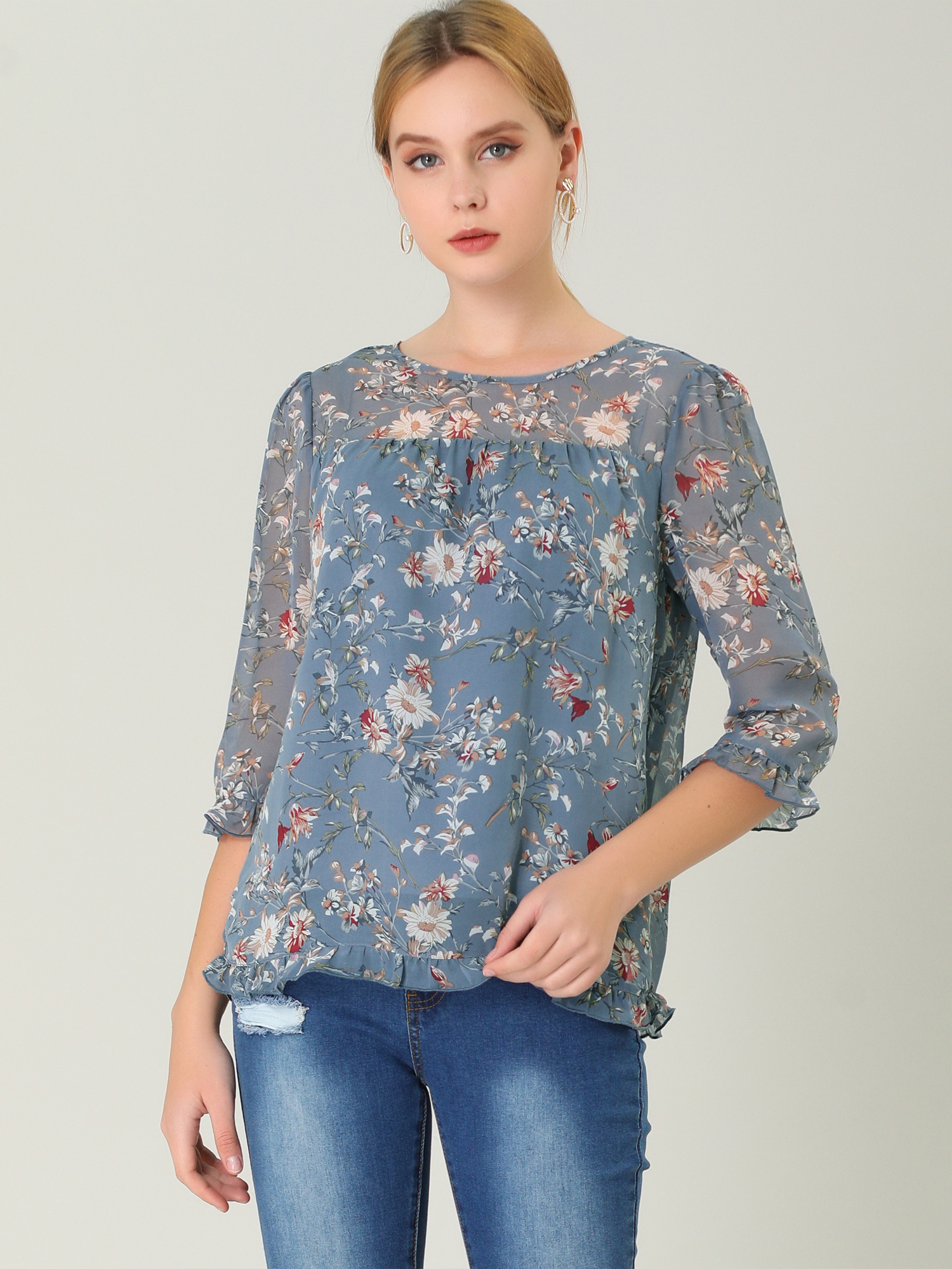 Casual Ruffle Floral Print 3/4 Sleeve Chiffon Blouse Grey Blue/2XL