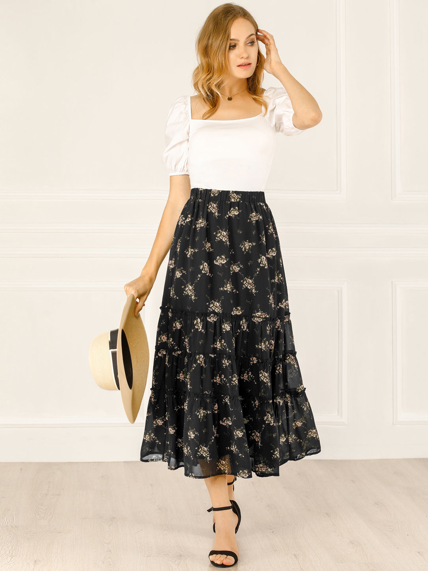 Ruffle Boho Chiffon Floral Printed Long Tiered Midi Skirt Black/3XL