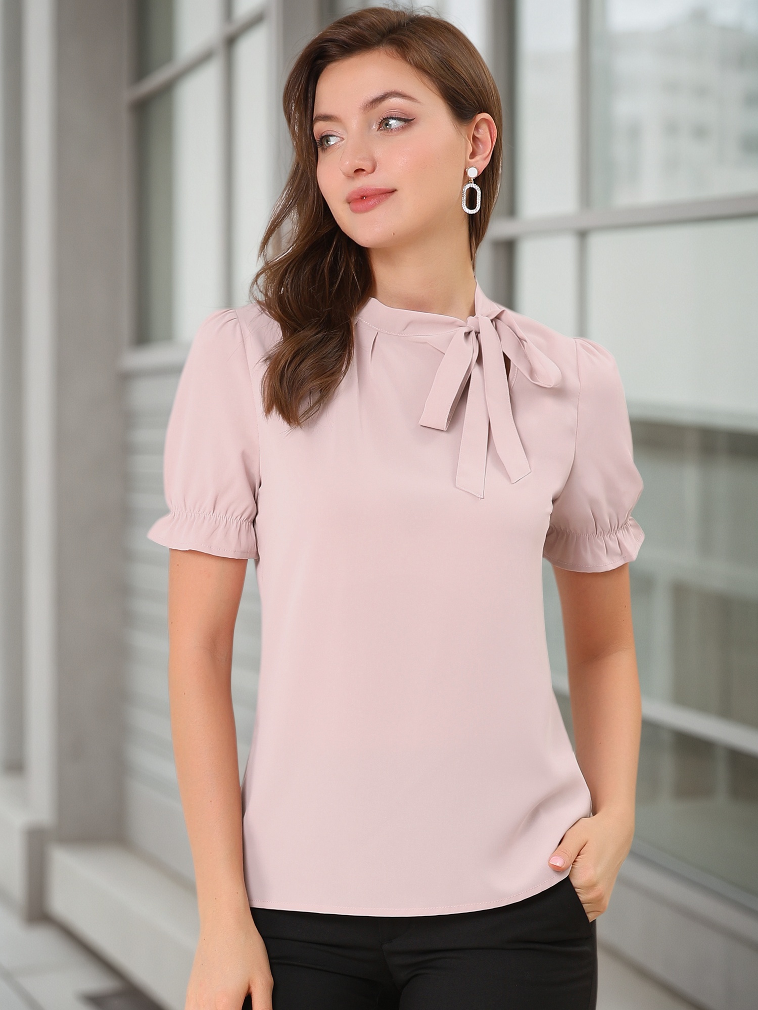 Bow Tie Neck Elegant Office Short Sleeve Blouse Pink/3XL