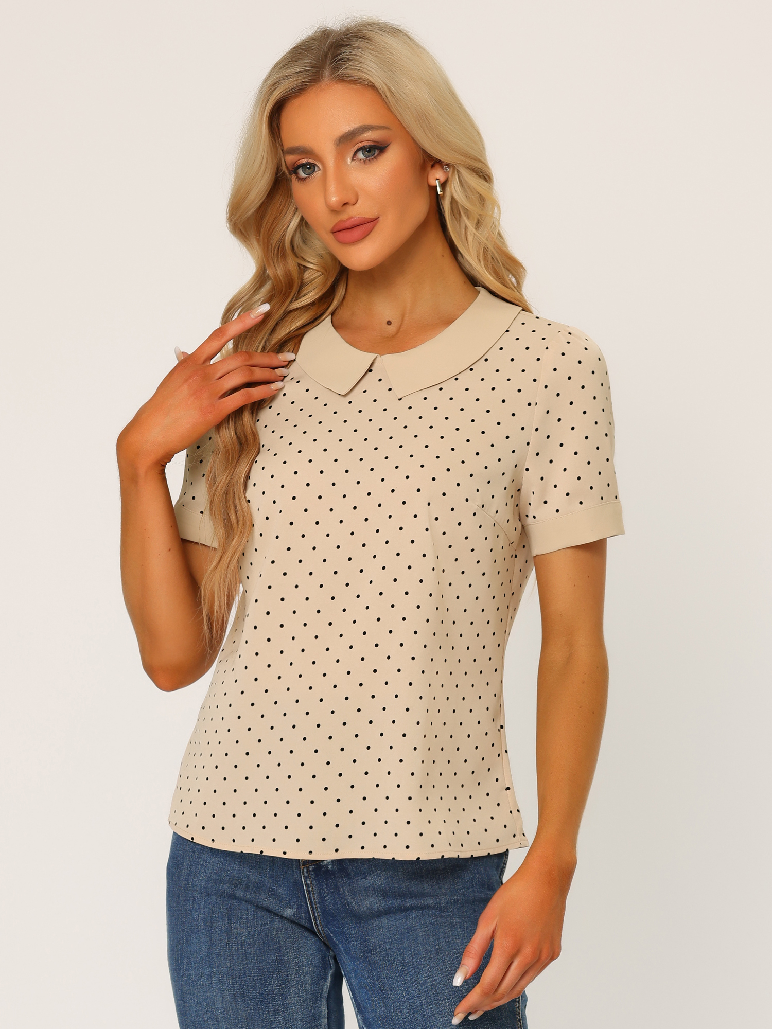 Peter Pan Collar Polka Dots Short Sleeves Blouse Dark Beige/XL