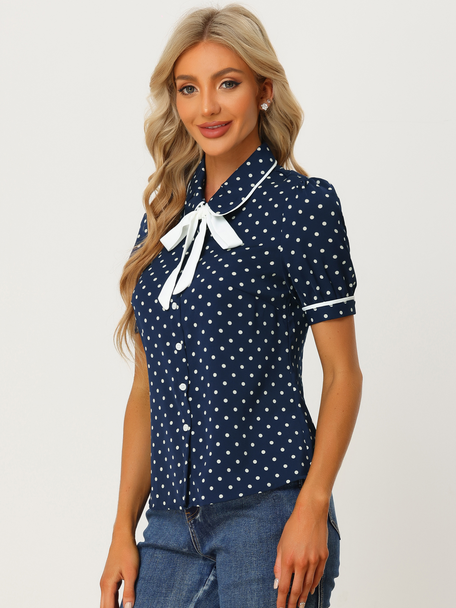 Polka Dot Peter Pan Collar Bow Tie Neck Puff Sleeve Vintage Shirt Dark Blue/XS