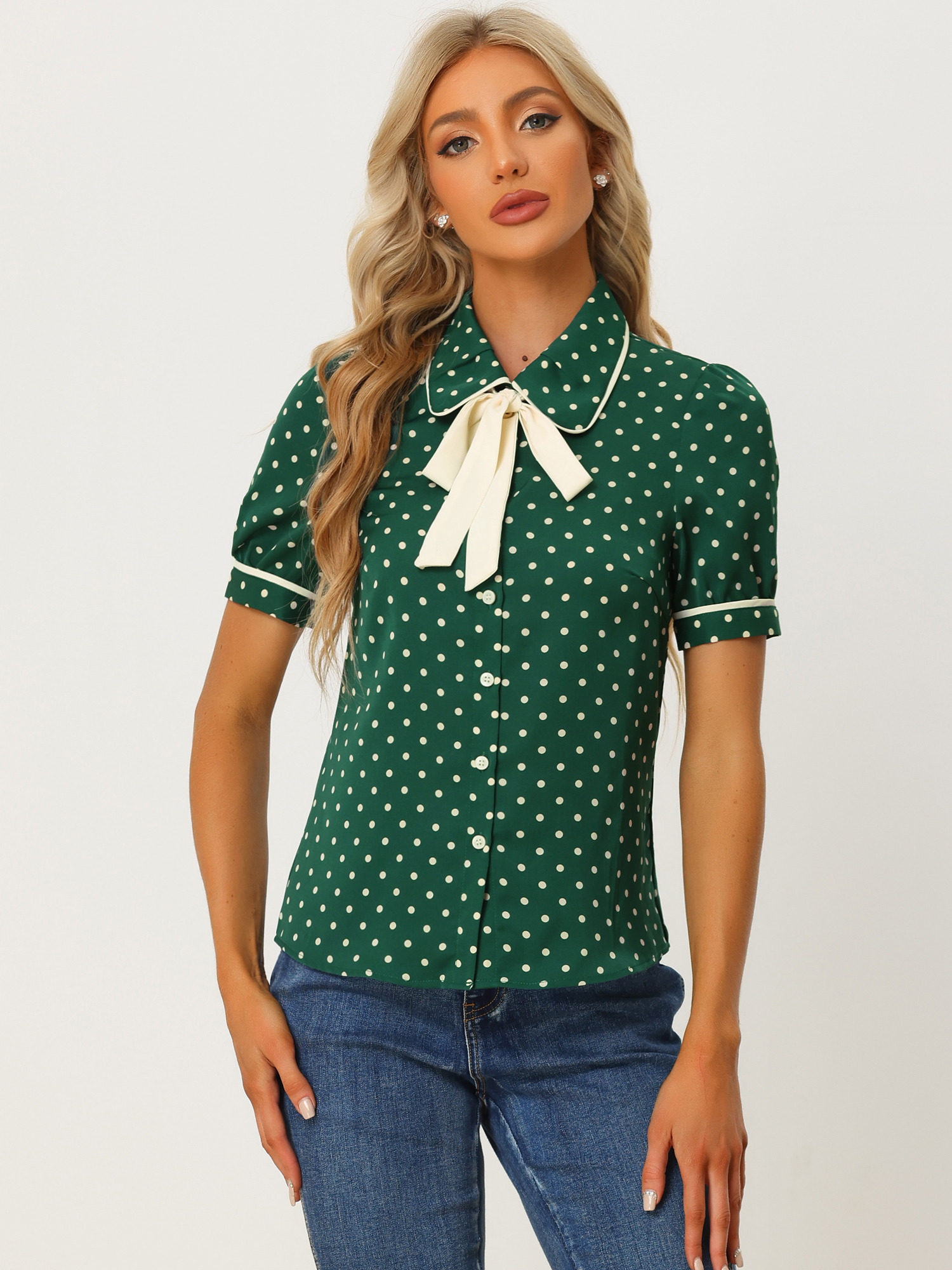 Polka Dot Peter Pan Collar Bow Tie Neck Puff Sleeve Vintage Shirt Dark Green/L