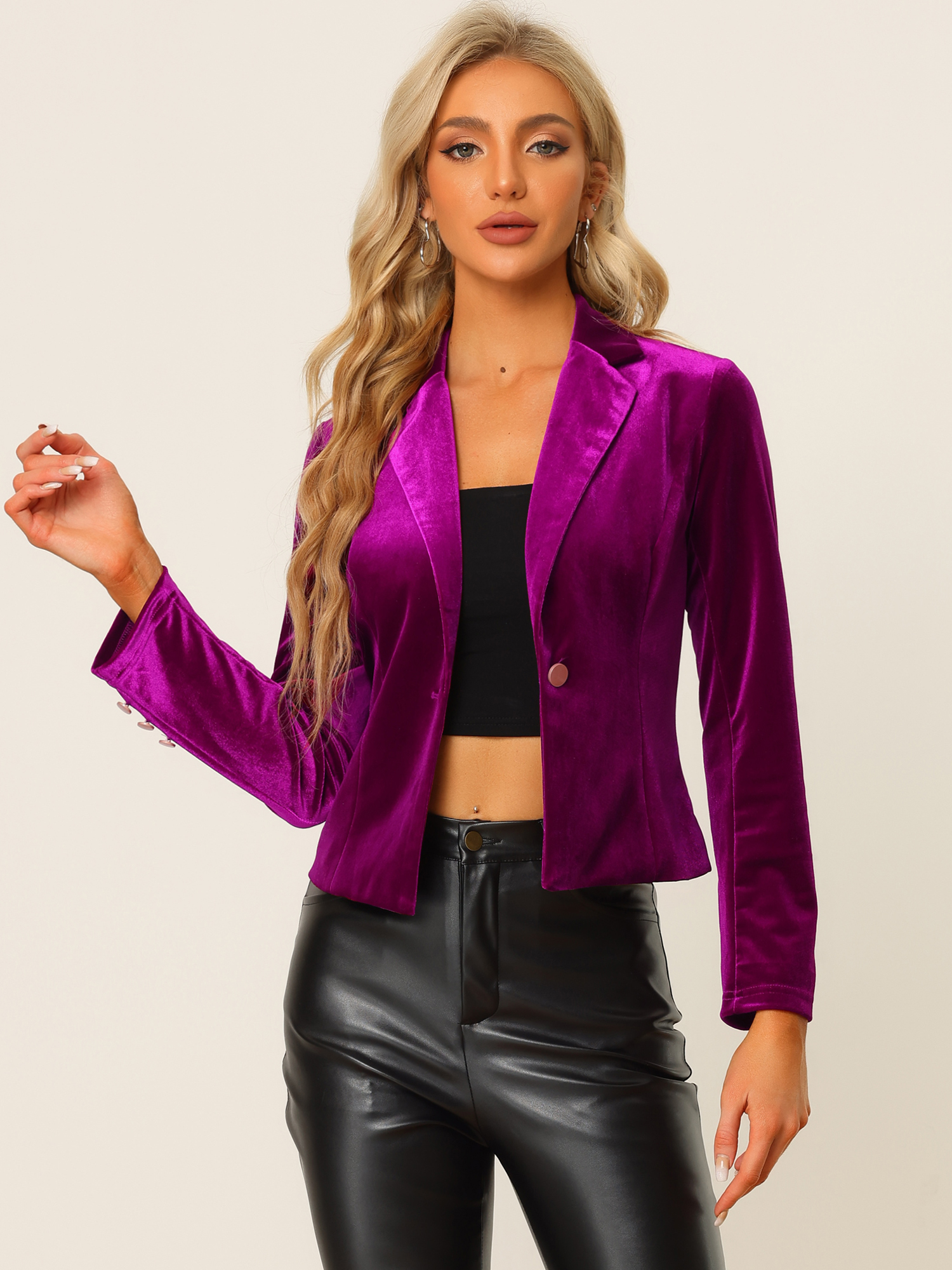 Single Button Velvet Lapel Business Crop Blazer Jacket Purple/XS