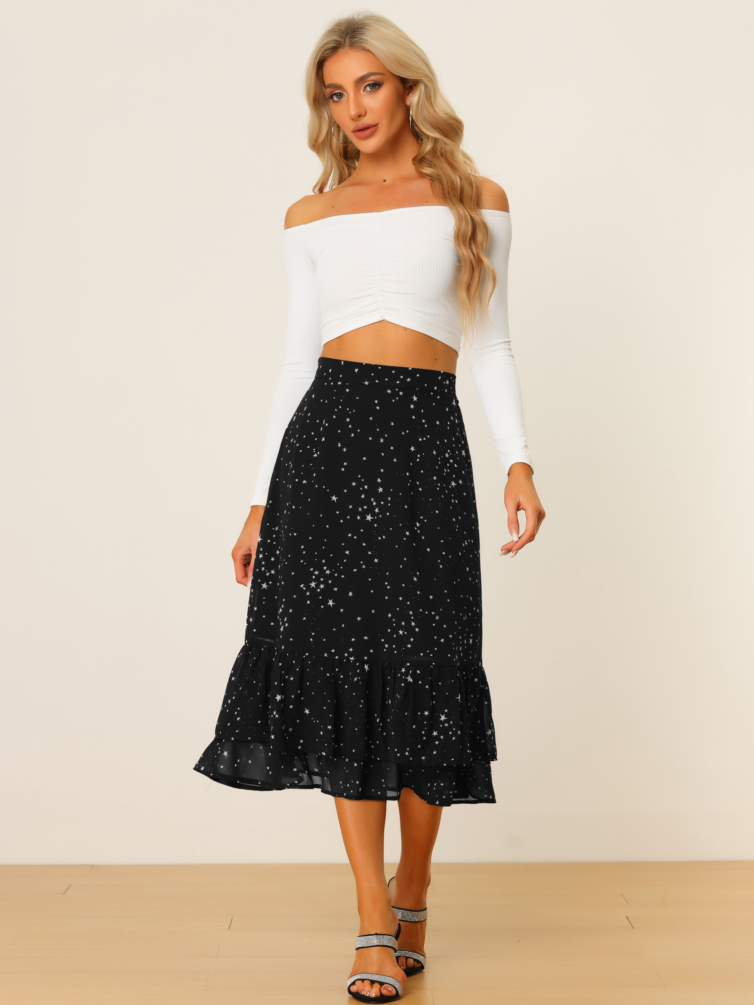 Chiffon Printed Elastic Waist Ruffle Tiered Flowy Midi Skirt Black-Star/S