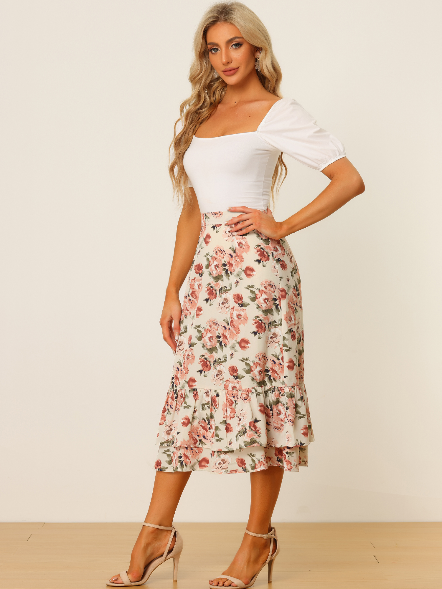 Printed Chiffon Elastic Waist Ruffle Tiered Flowy Midi Skirt Beige Pink-Floral/XS