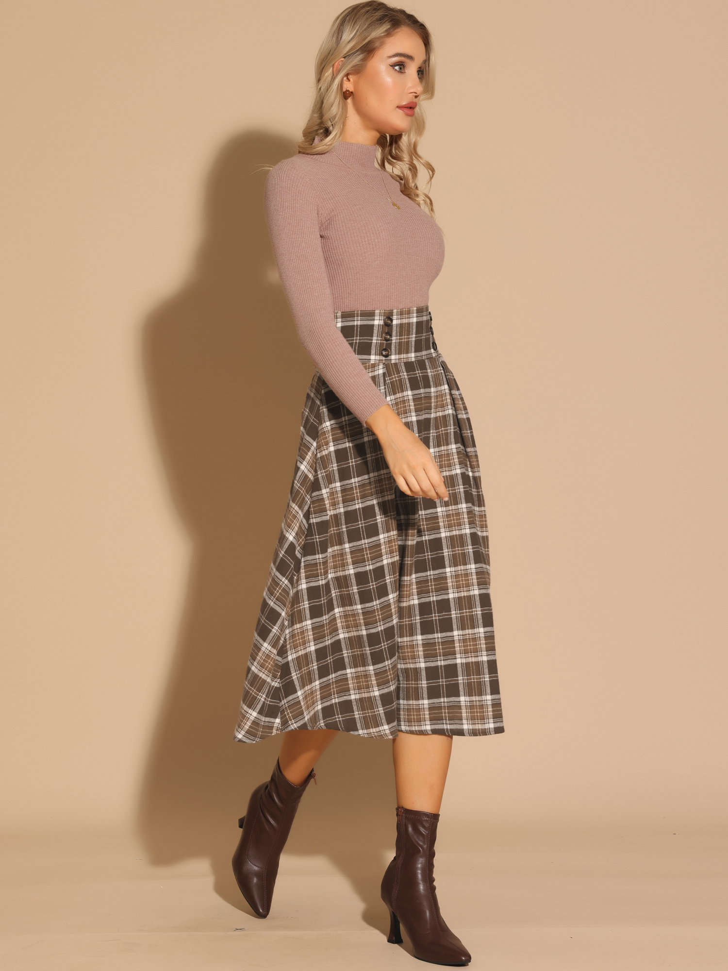 Plaid High Elastic Waist Skirt Vintage Fall Winter A-Line Midi Skirt Brown/XS