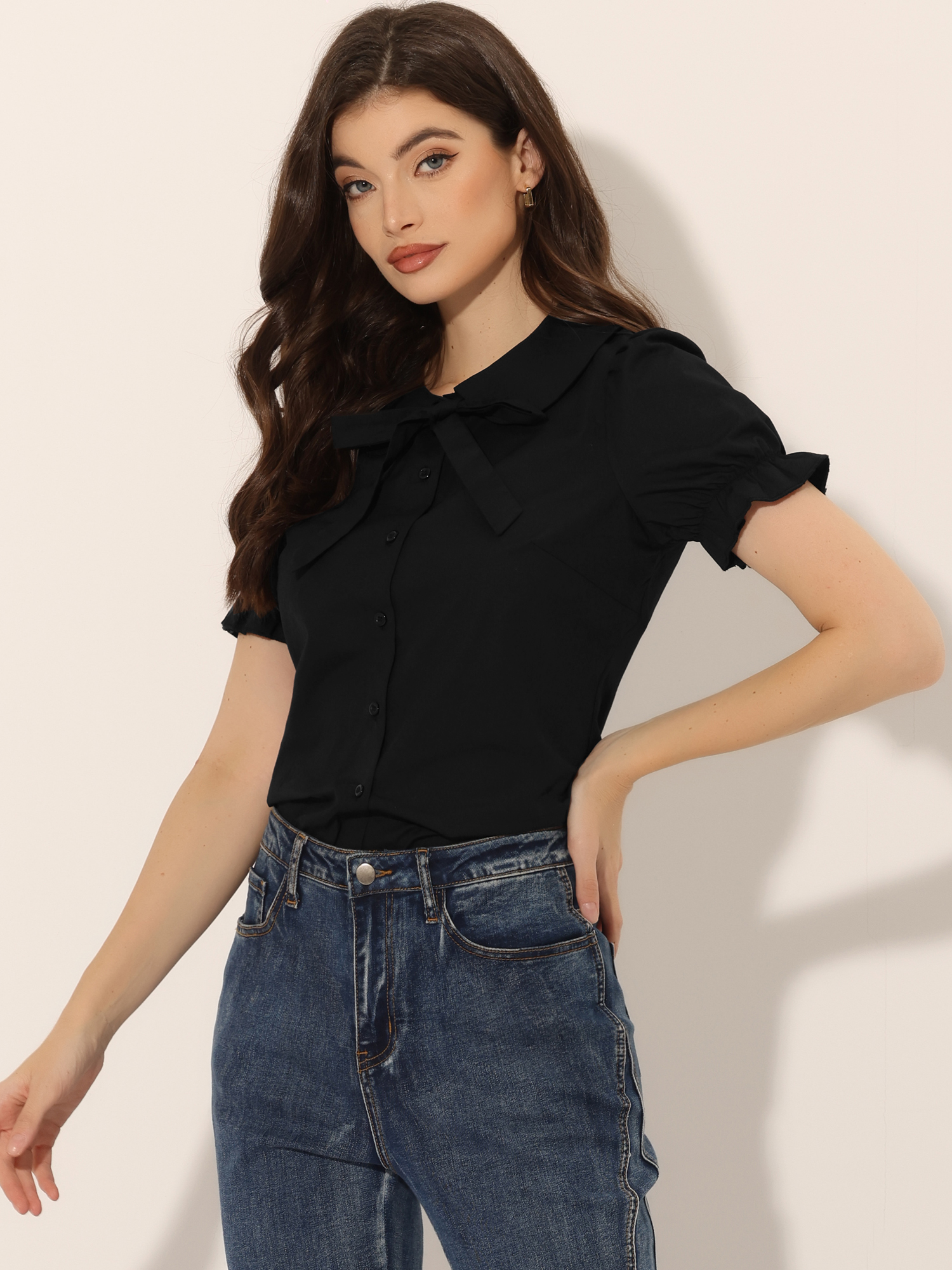 Peter Pan Collar Tie Neck Casual Cute Cotton Button-Up Shirt Black/XS