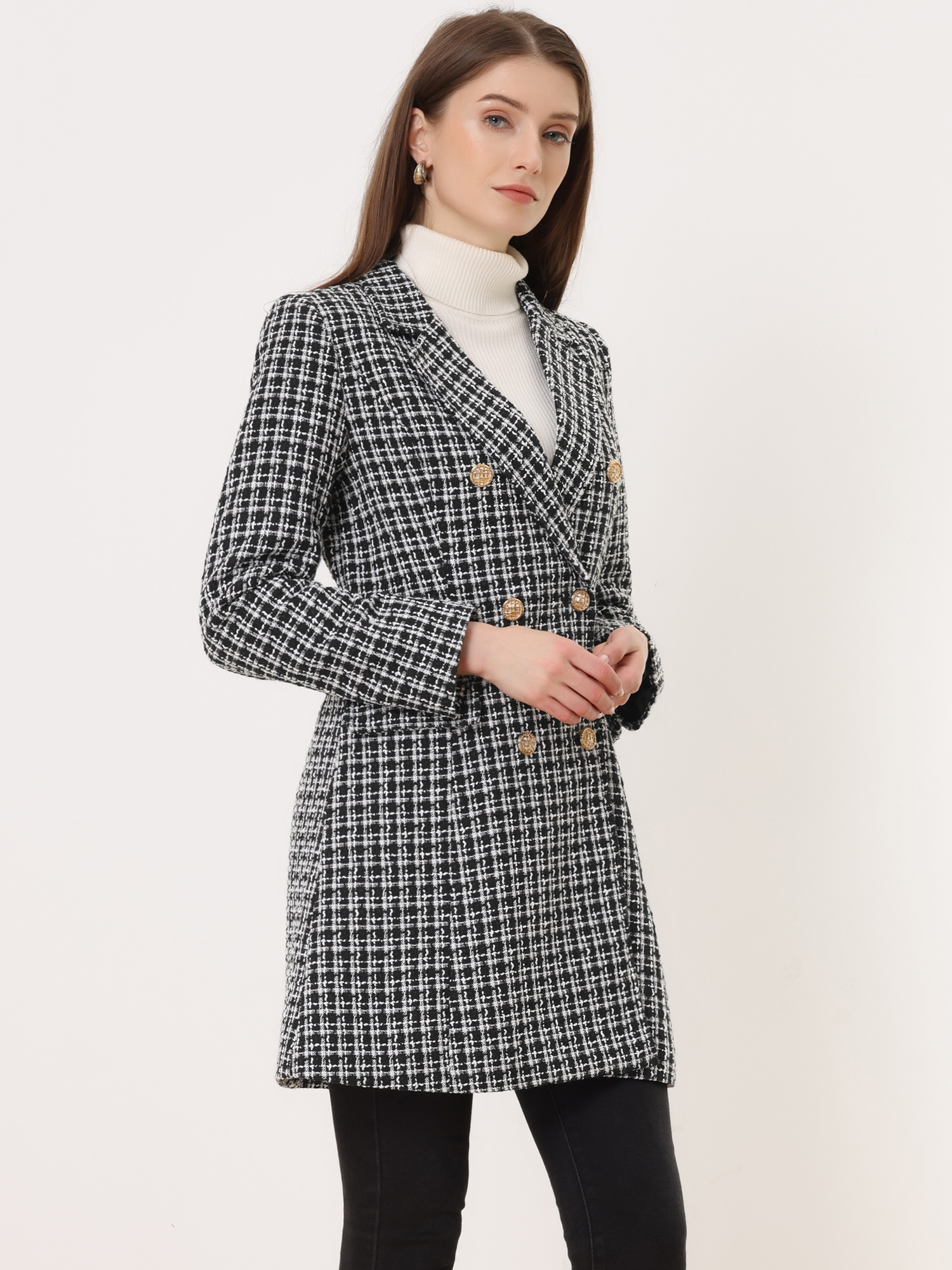 Lapel Collar Elegant Double Breasted Plaid Tweed Blazer Coat Black/XL