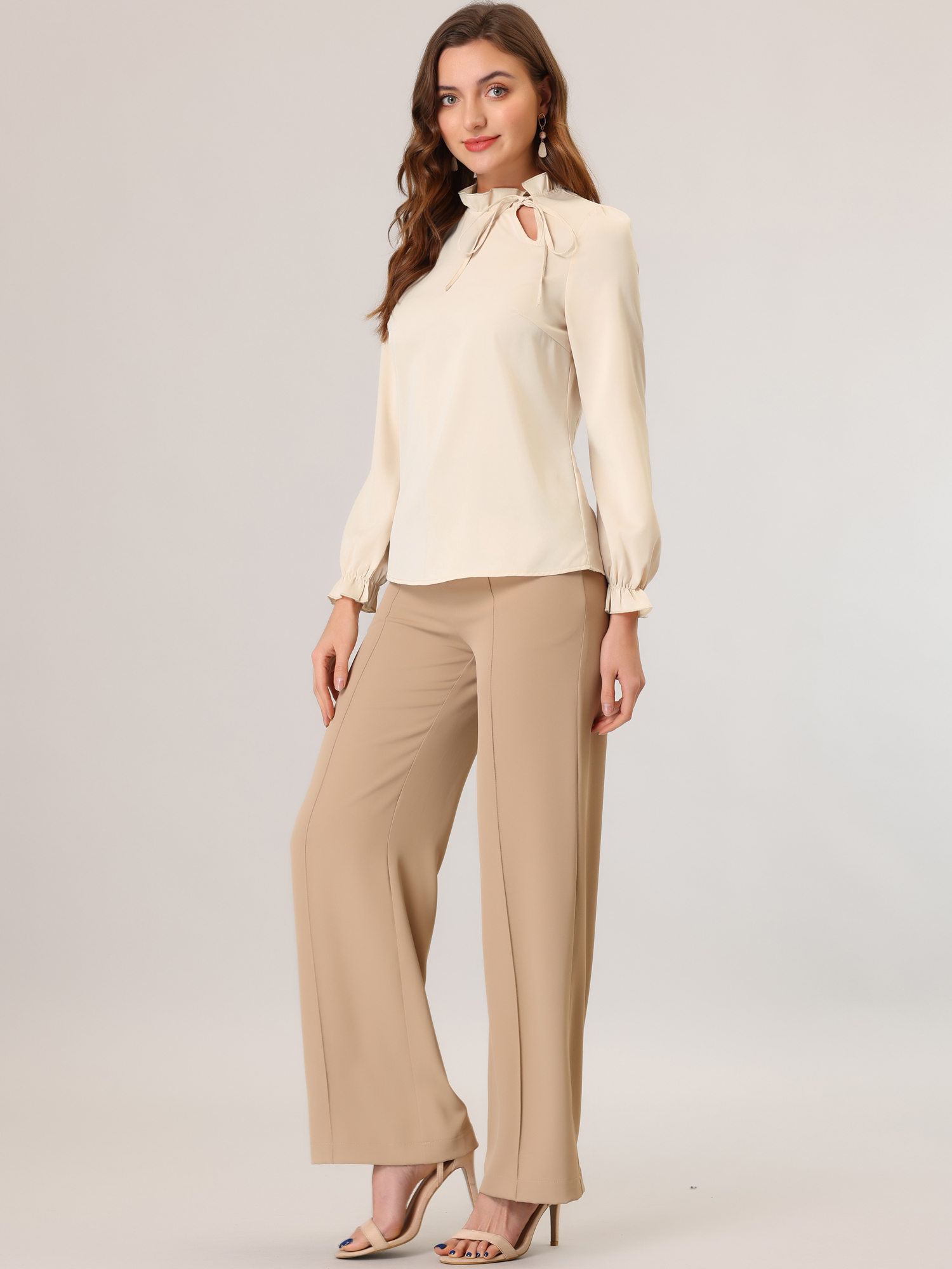 Elegant Long Sleeve Blouse Ruffle Tie Neck Business Work Top Apricot/M