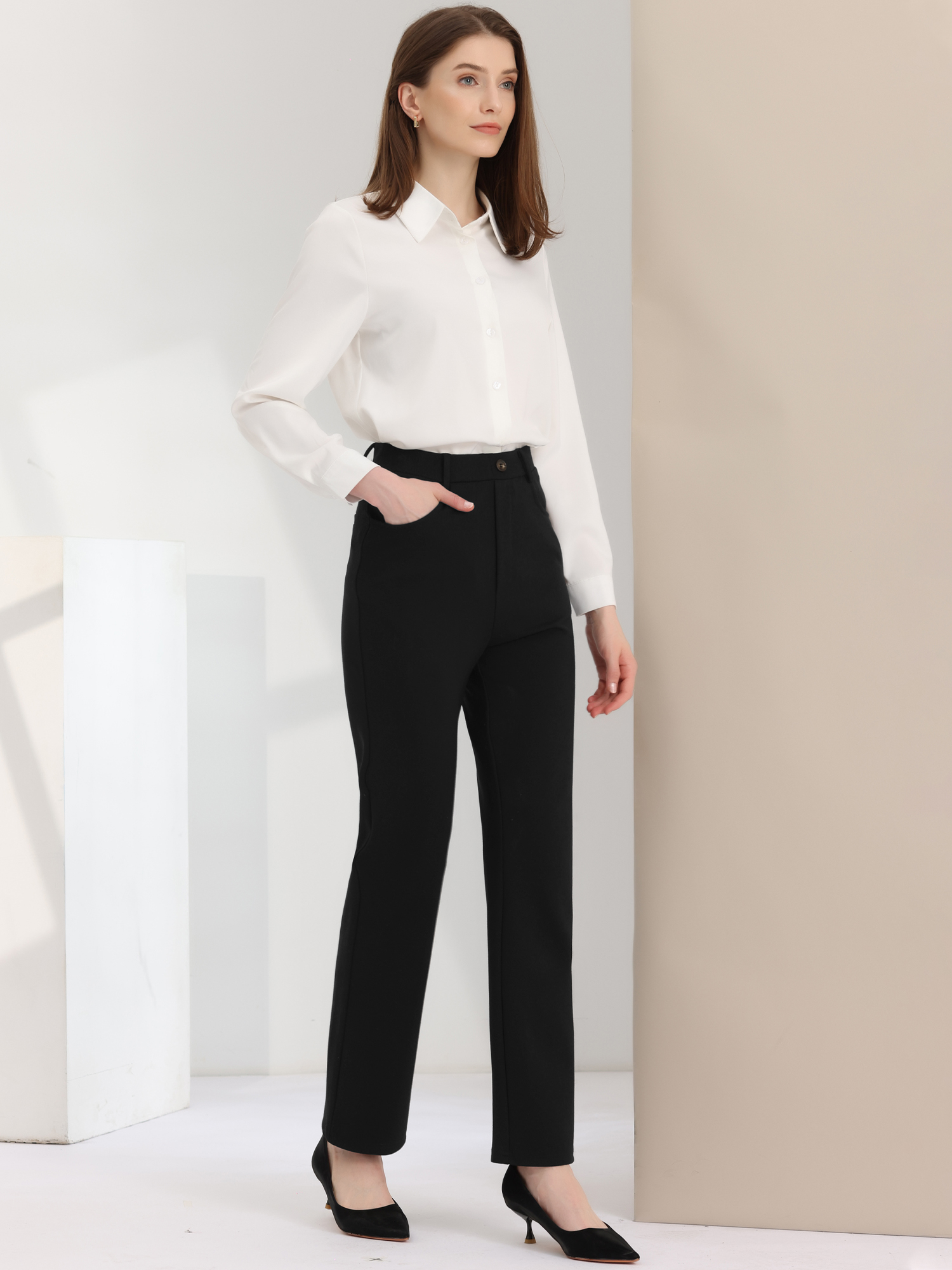 High Stretch Pants Straight Leg Work Office Casual Trousers Black/S