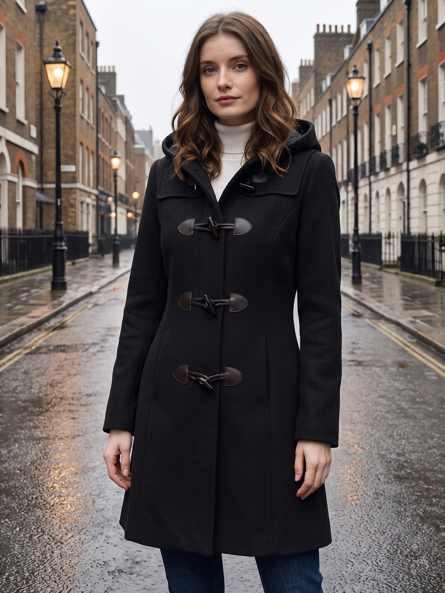 Hooded Toggle Button Up Duffle Coat Winter Outwear Black/S