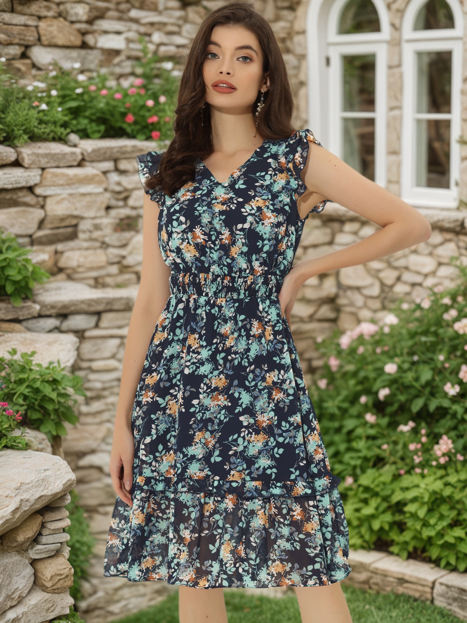 Floral Flutter Sleeve V Neck Smocked Ruffle Dress Dark Blue White/S