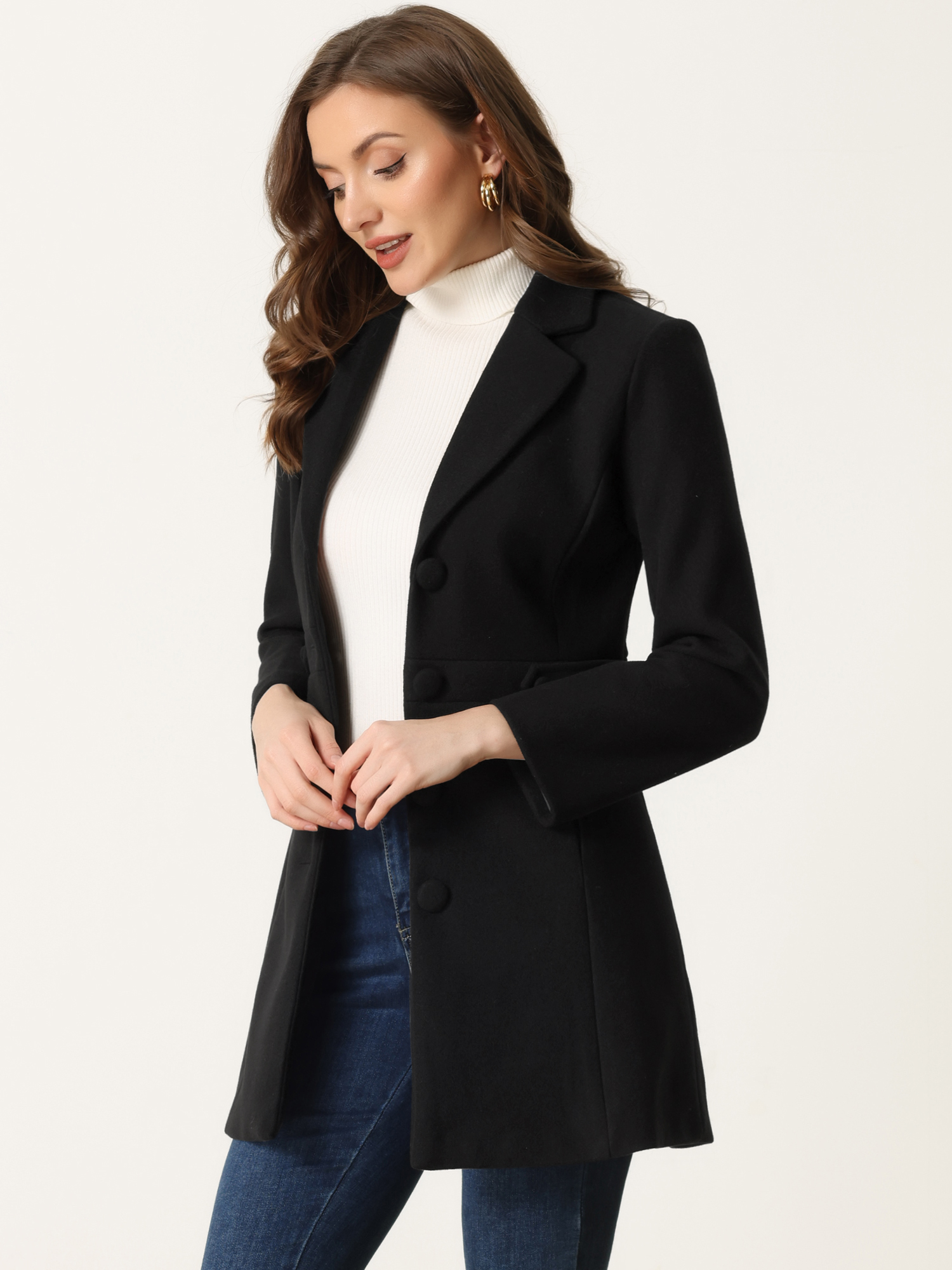 Notched Lapel Single Breasted Button Down Winter Coat Black/L