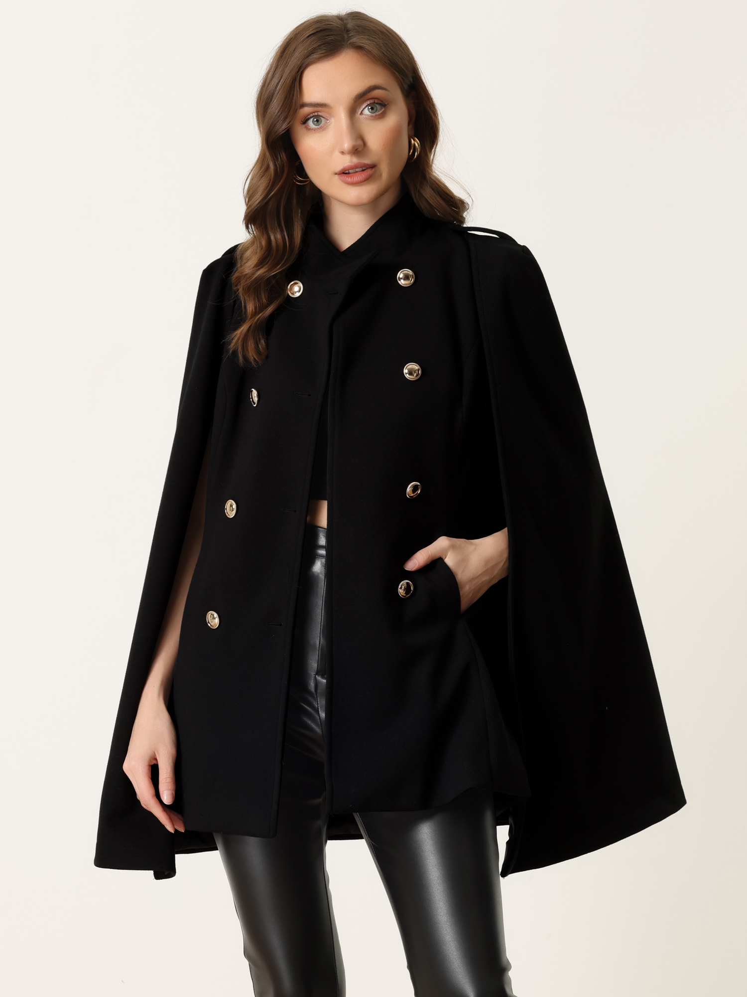 Winter Slit Sleeve Double Breasted Cloak Cape Coat Black/S