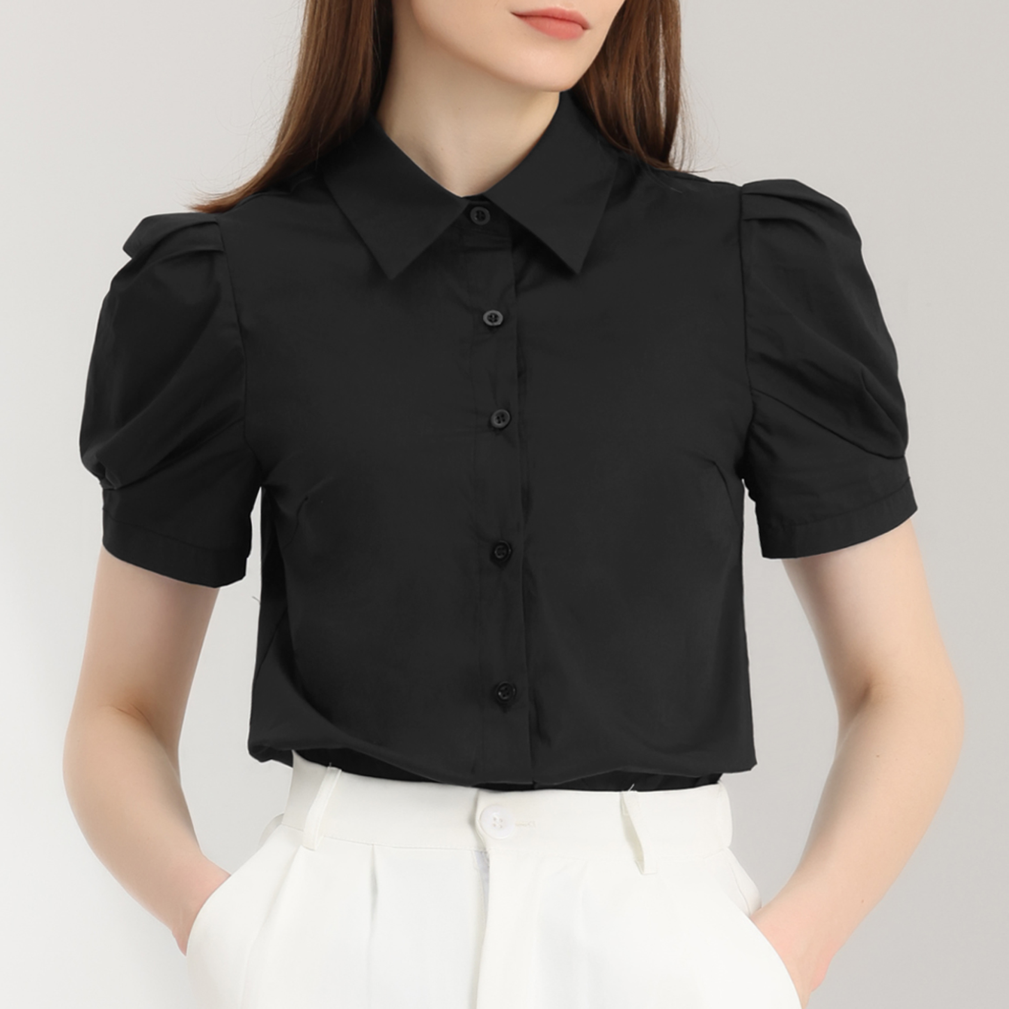 Puff Short Sleeve Turn Down Collared Office Button Down Shirt Black/M
