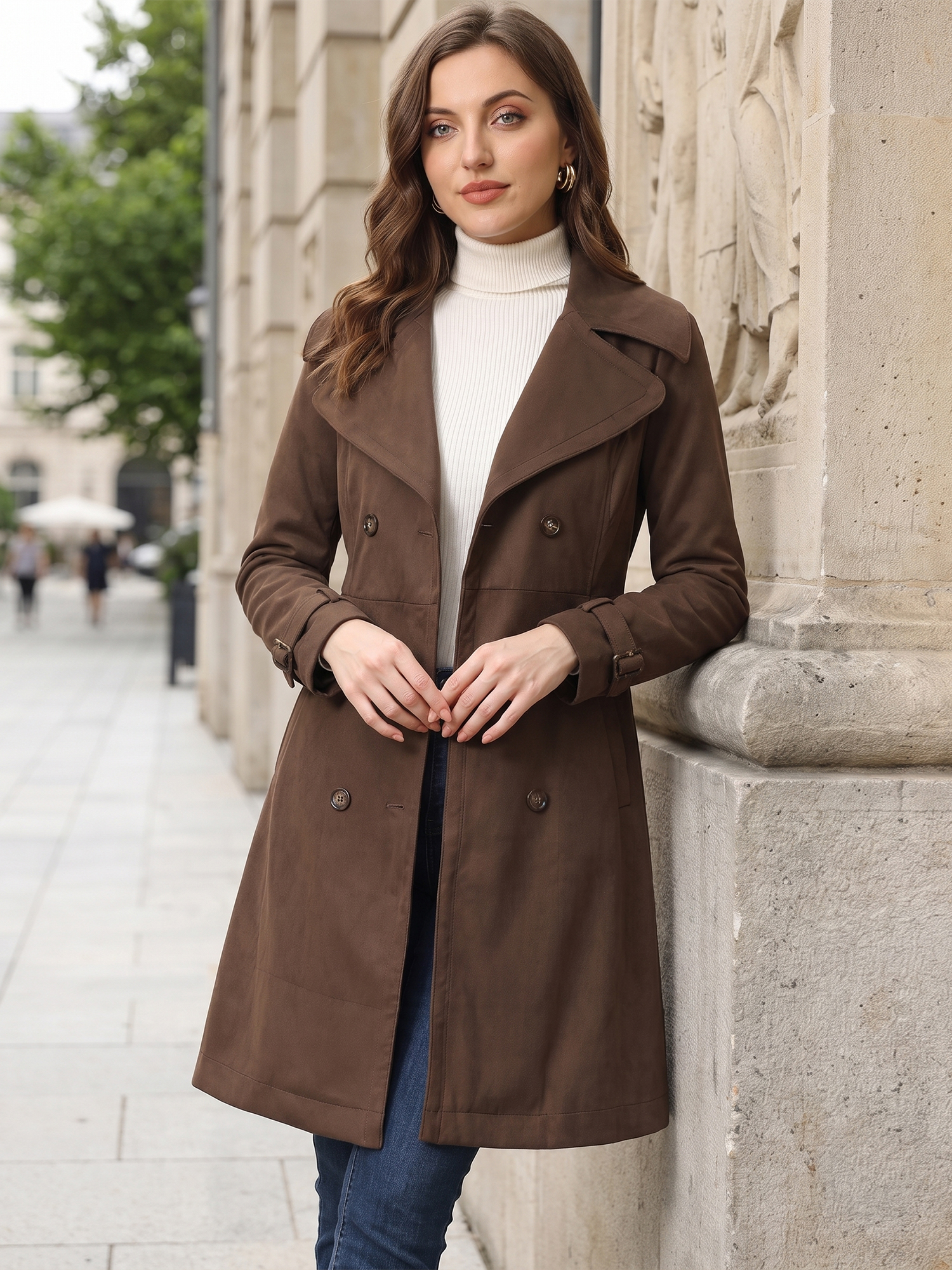 Faux Suede Notched Cuff Solid Double Breasted Tie Belt Trench Coat Coffee/M