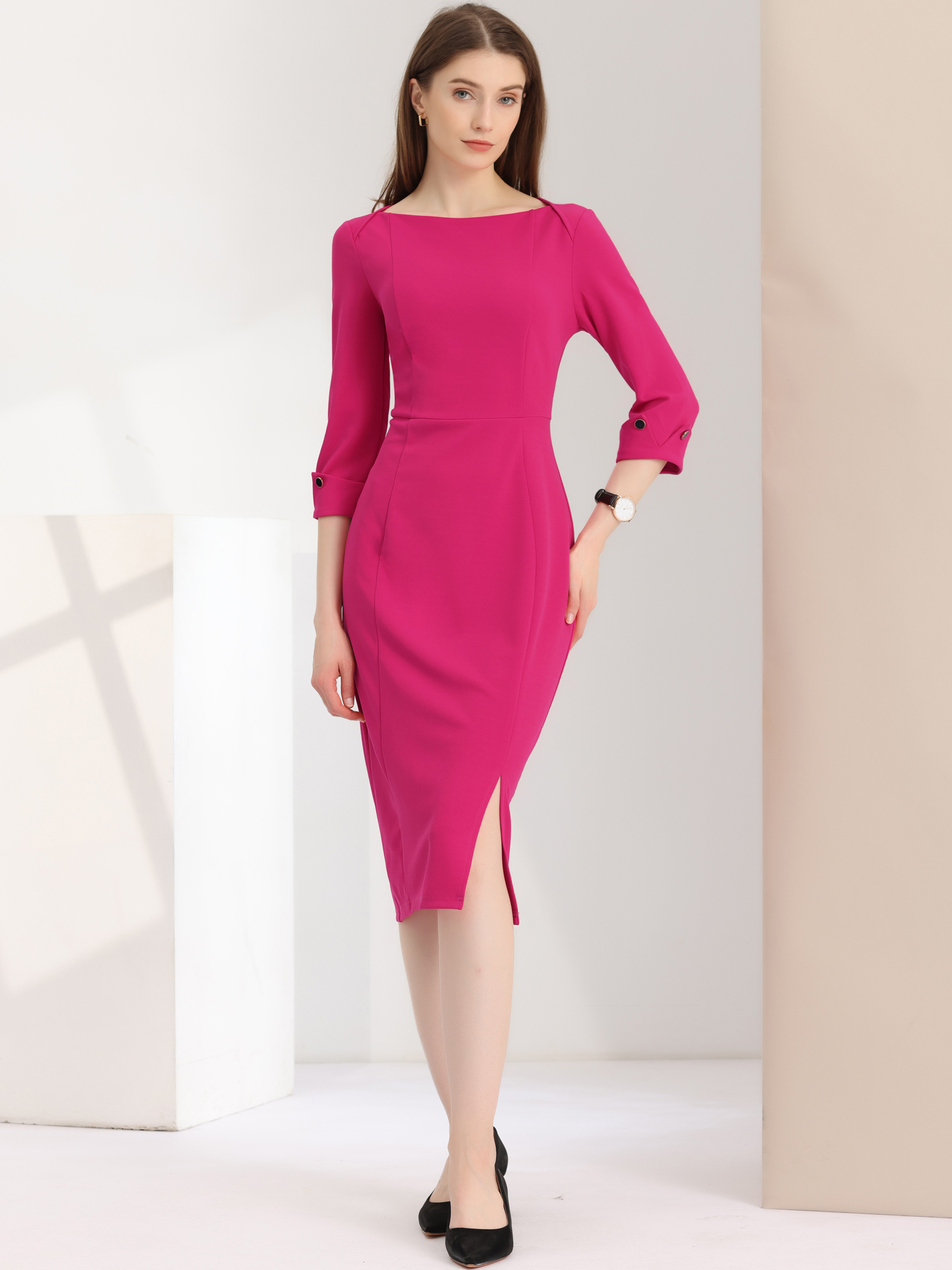 Elegant Boat Neck 3/4 Sleeves Work Midi Split Sheath Dress Fuchsia/S
