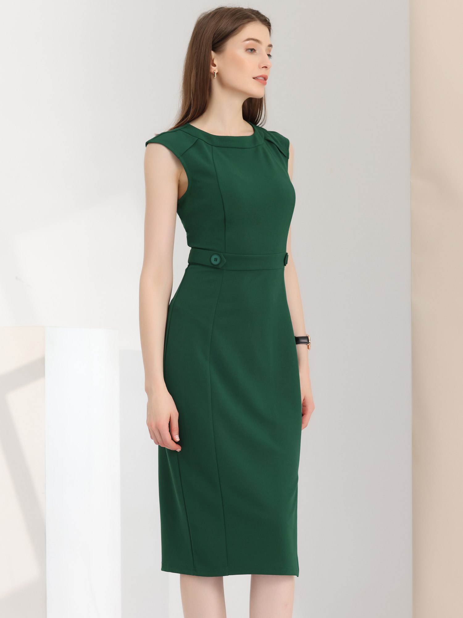 Round Neck Slim Fit Sleeveless Split Work Pencil Sheath Dress Dark Green/XS