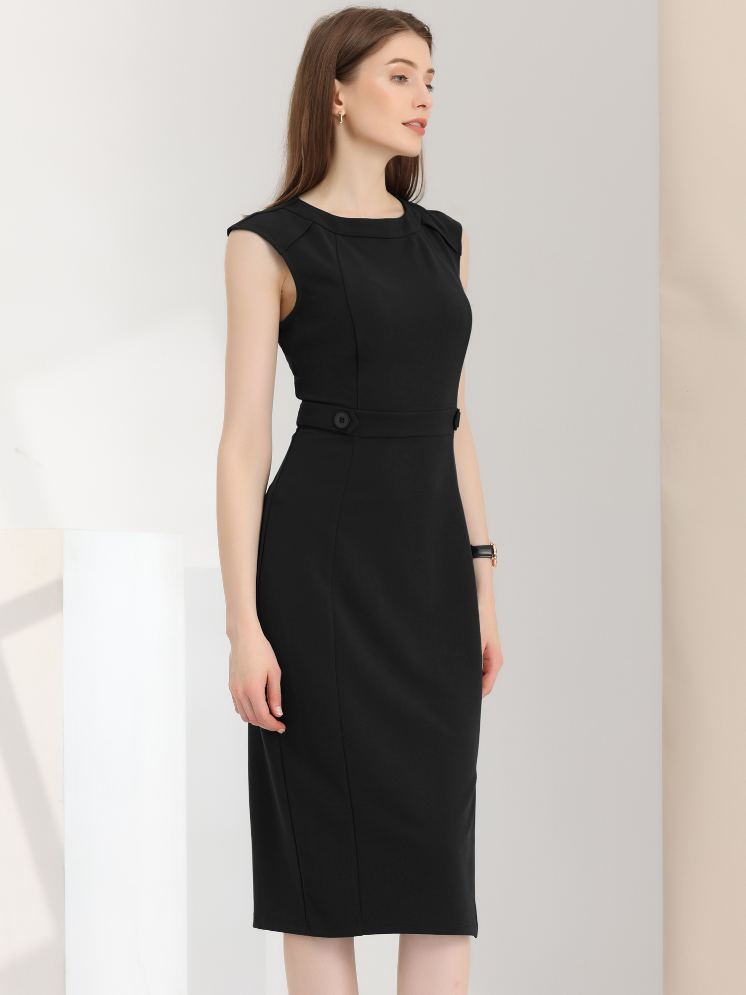 Round Neck Slim Fit Sleeveless Split Work Pencil Sheath Dress Black/M