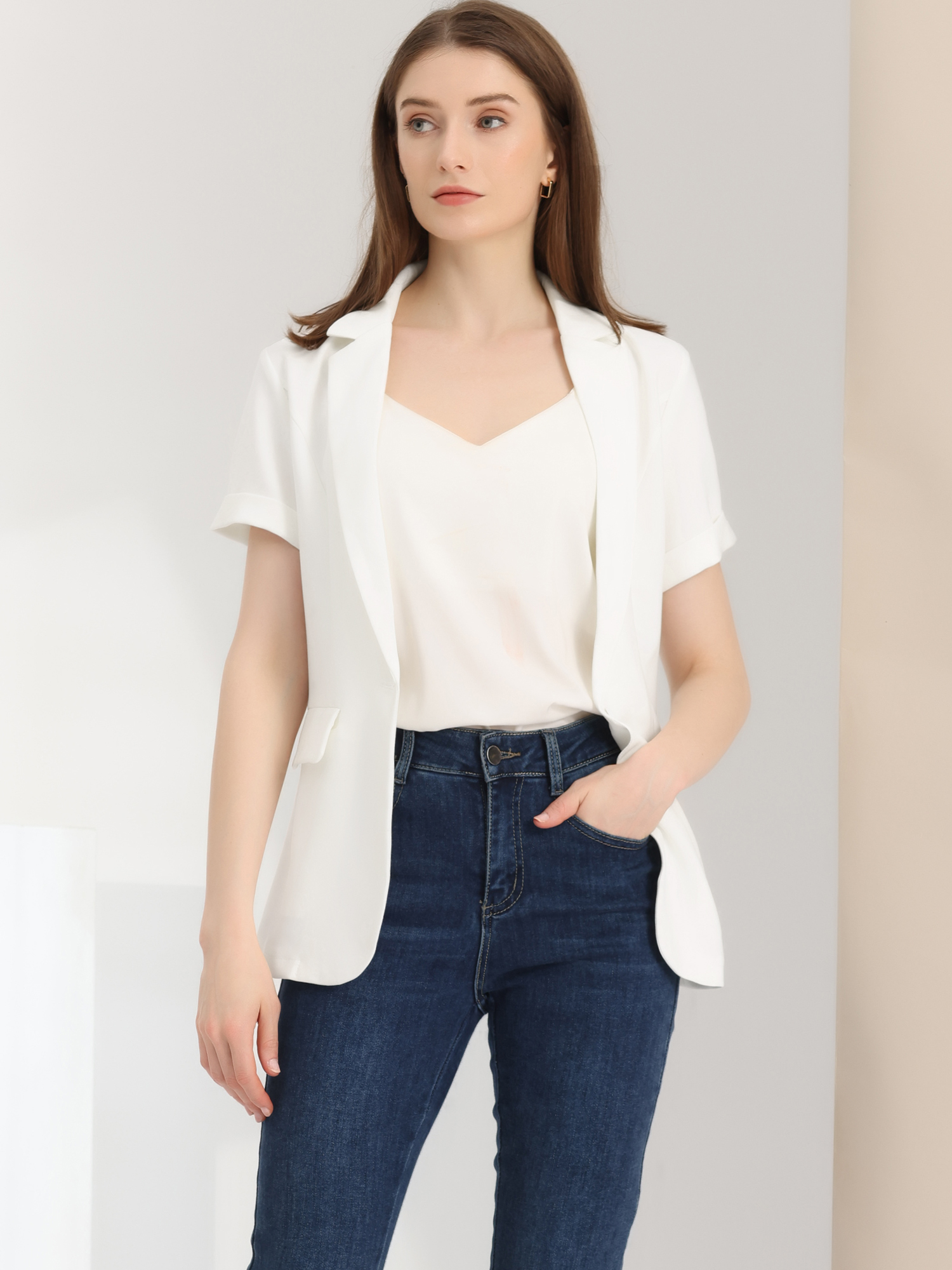 1 Button Office Business Short Sleeve Blazer Jacket Beige White/M