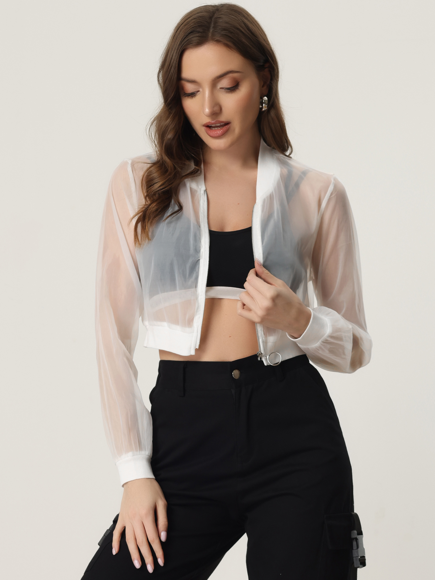 Bomber Long Sleeve Crop Mesh Sheer Zip Up Jackets White/XL