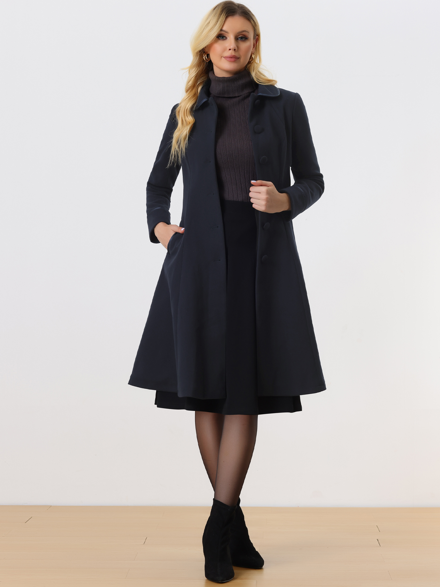 Women's Peter Pan Collar Single Breasted Belted Contrast Trim Swing Winter Coat Navy Blue/S