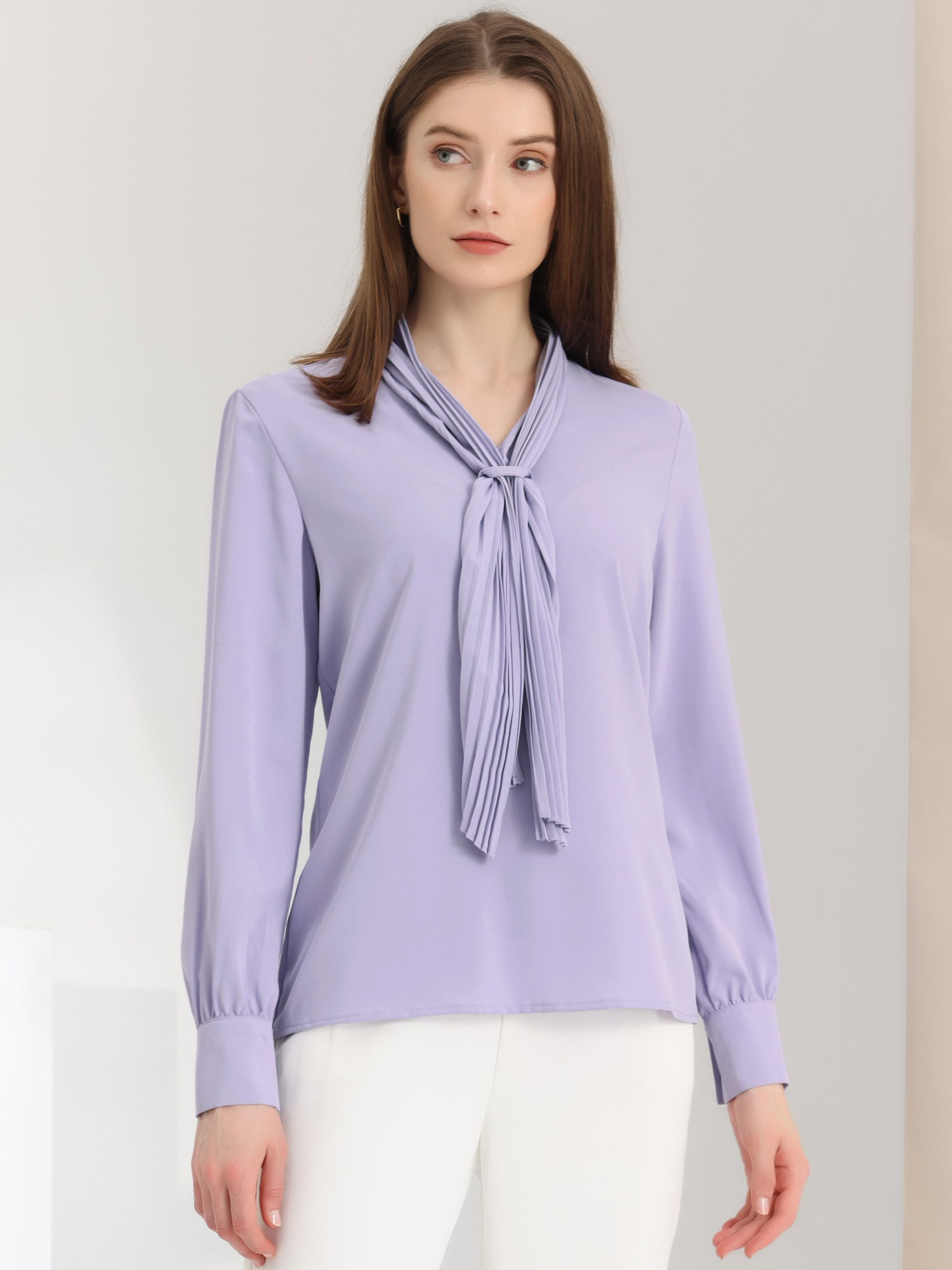 Long Sleeve Chiffon Pleated Tie Neck Office Blouse Light Purple/M