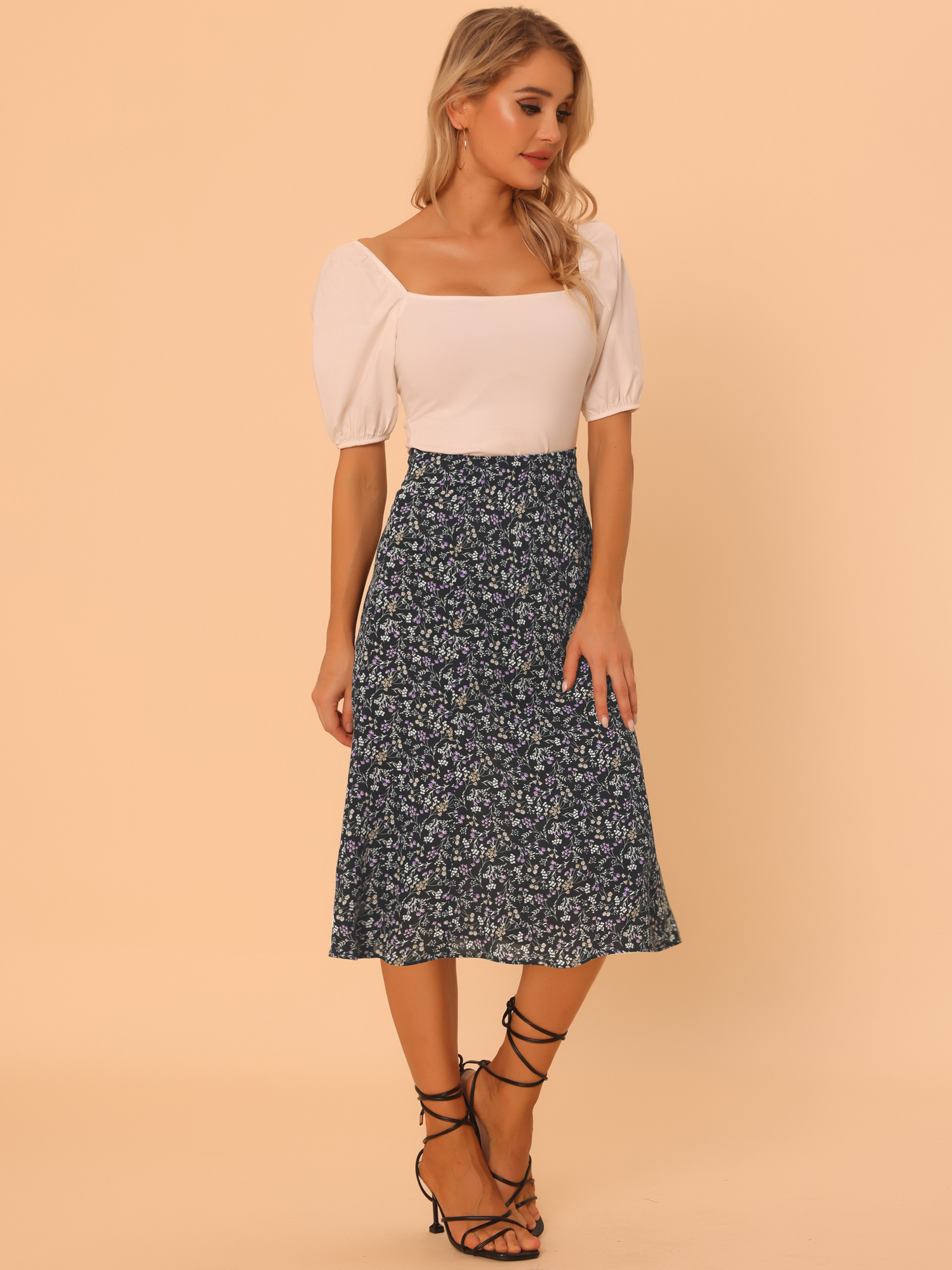 Floral Peasant Elastic Waist A-Line Ditsy Leave Midi Skirt Black Purple/S