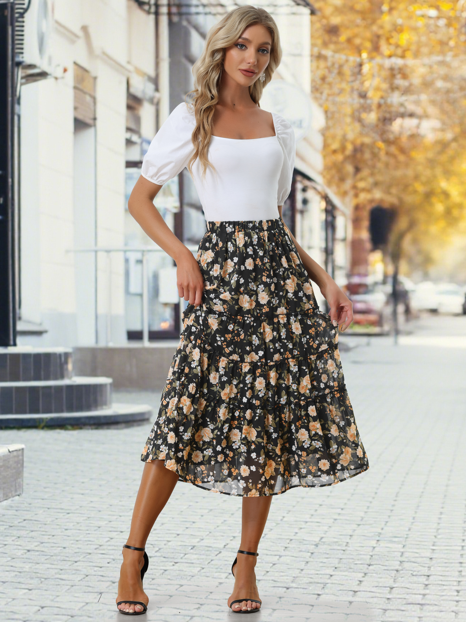 Chiffon Floral Printed Long Tiered Ruffle Boho Midi Skirt Blacks/M