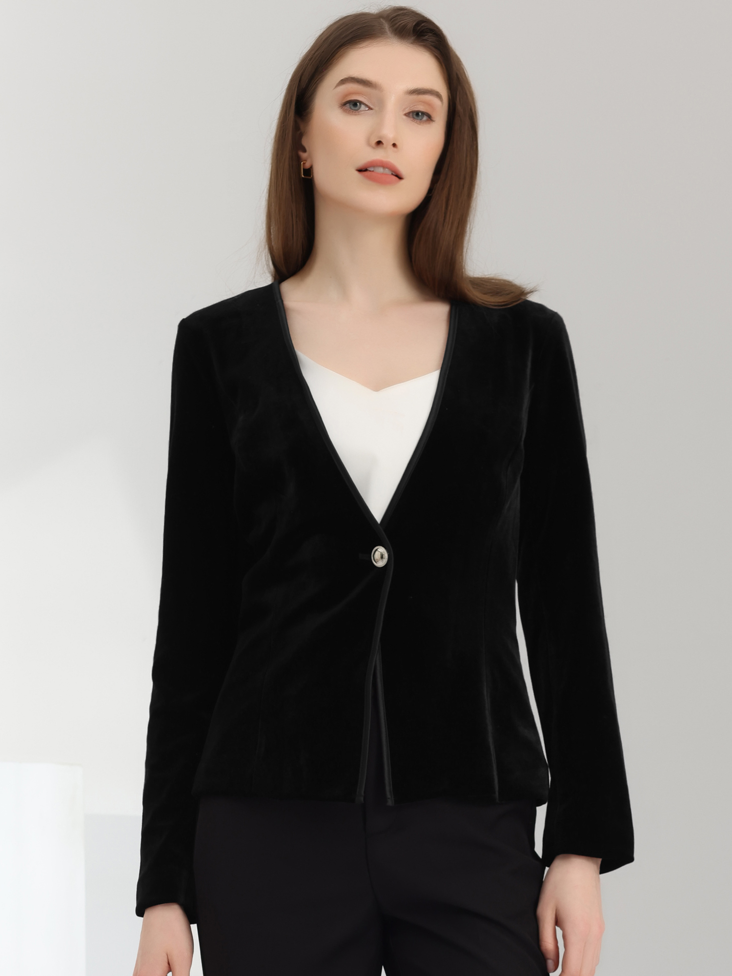 Long Sleeve Office Collarless 1 Button Velvet Blazer Black/XL