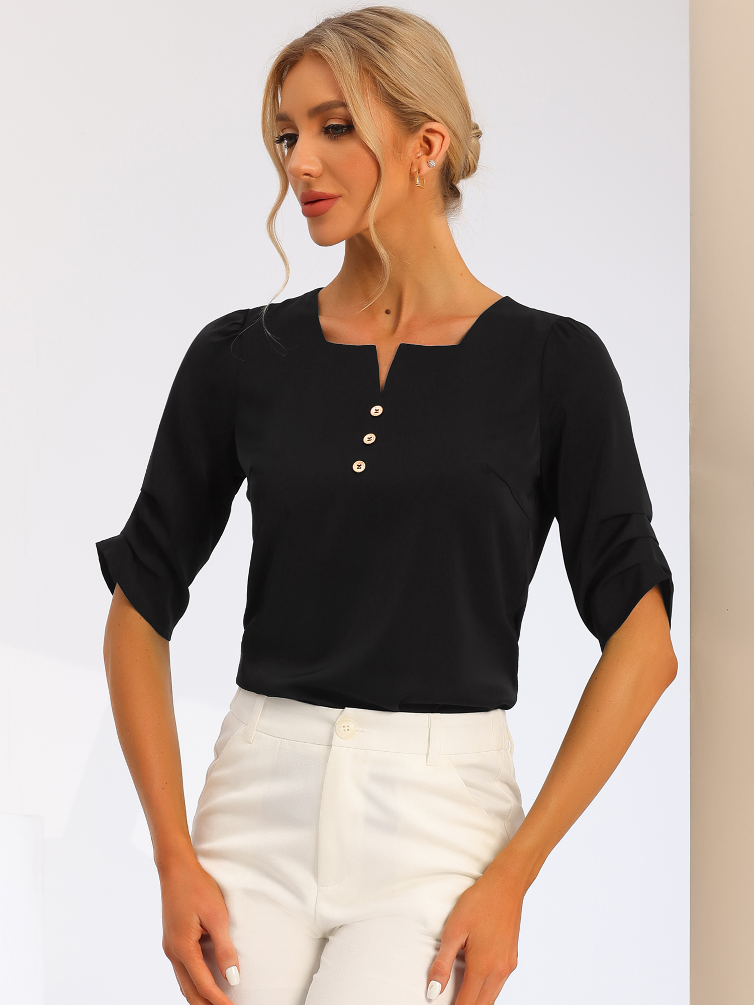 Square Neck Pleated Tops Ruched Sleeve Chiffon Office Work Blouse Black/XS