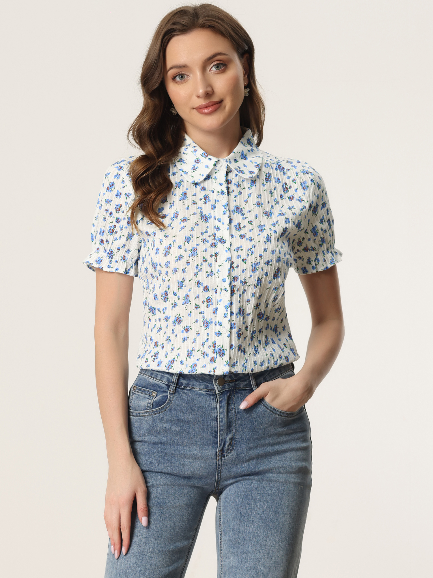 Floral Printed Peter Pan Collar Cotton Short Sleeve Shirt Blue/L
