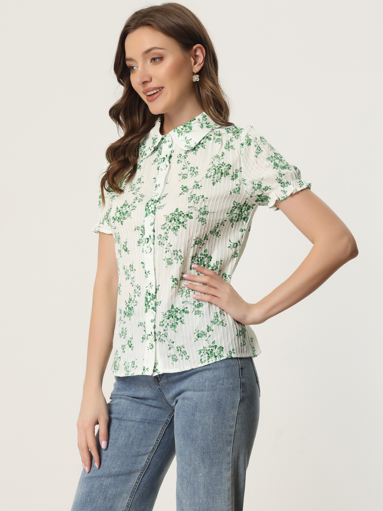 Floral Printed Peter Pan Collar Cotton Short Sleeve Shirt Green/S