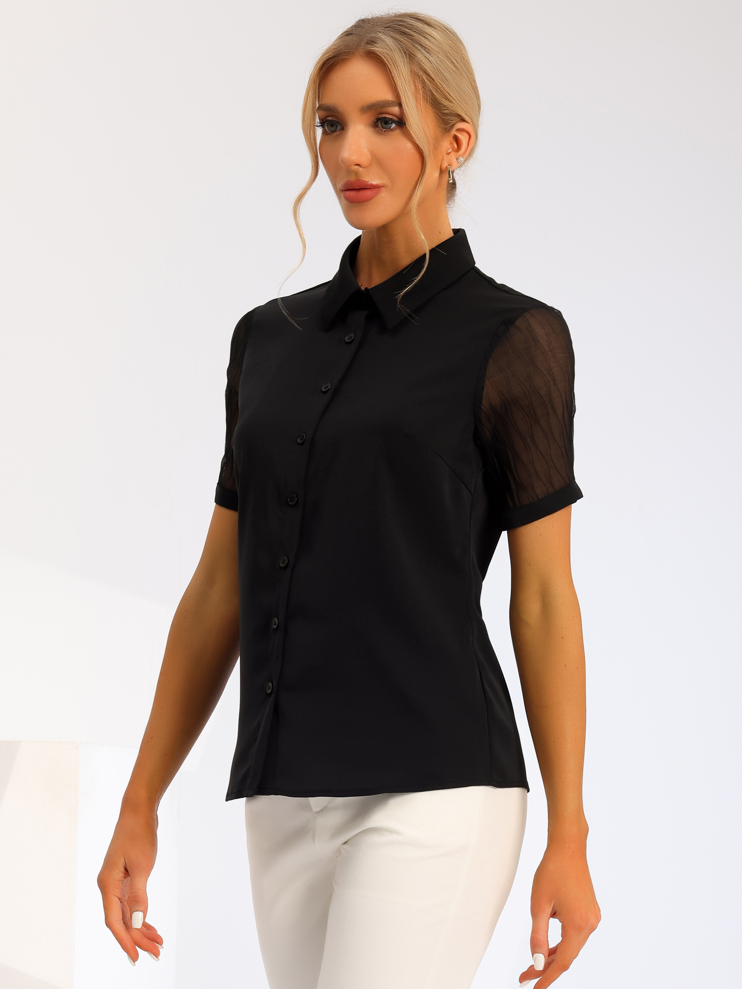 Button Down Shirt Sheer Short Sleeve Point Collar Work Tops Black/S