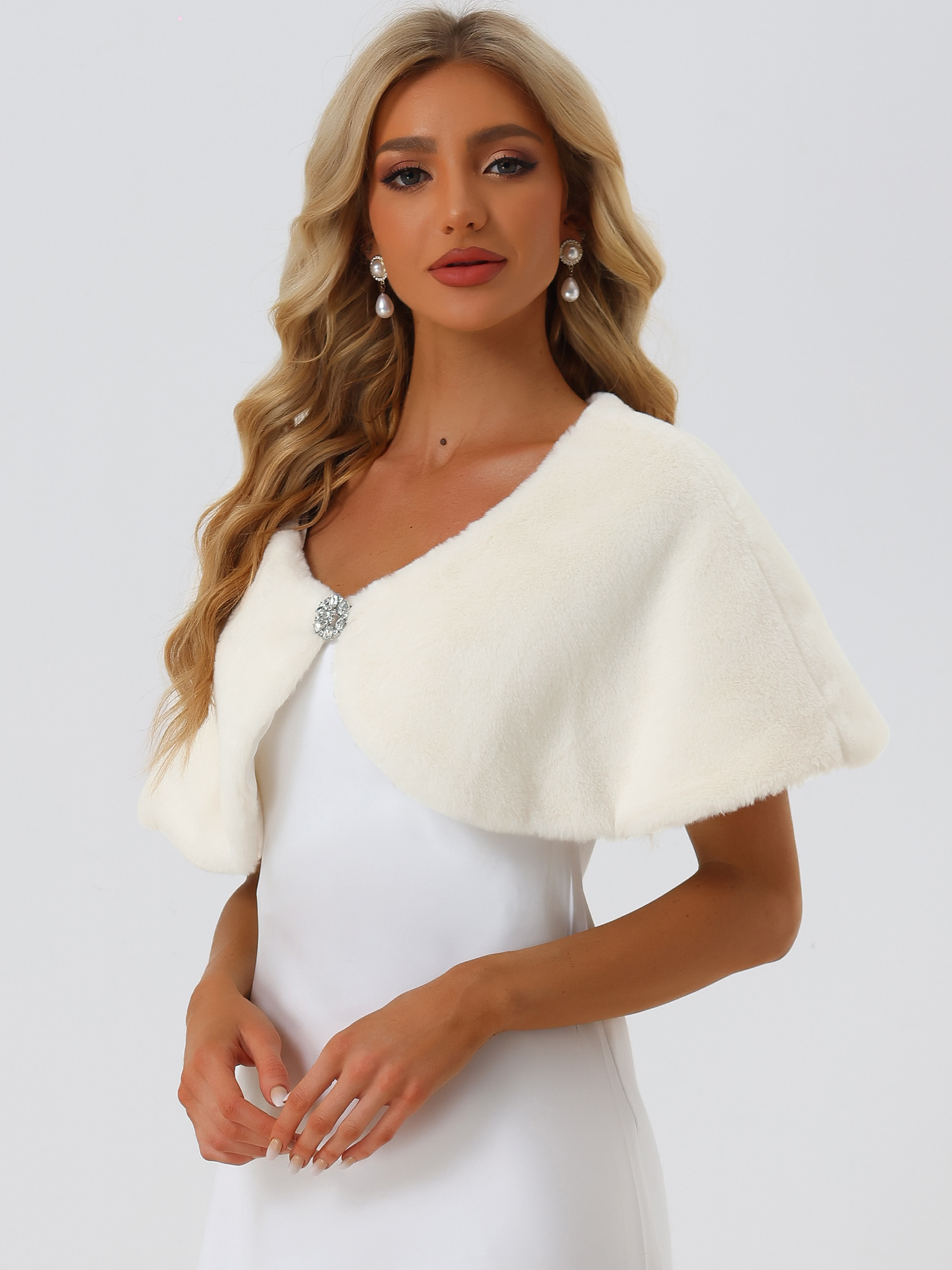 Elegant Faux Fur Shawl Bridal Wedding Party Wrap Stole Shrug White/L