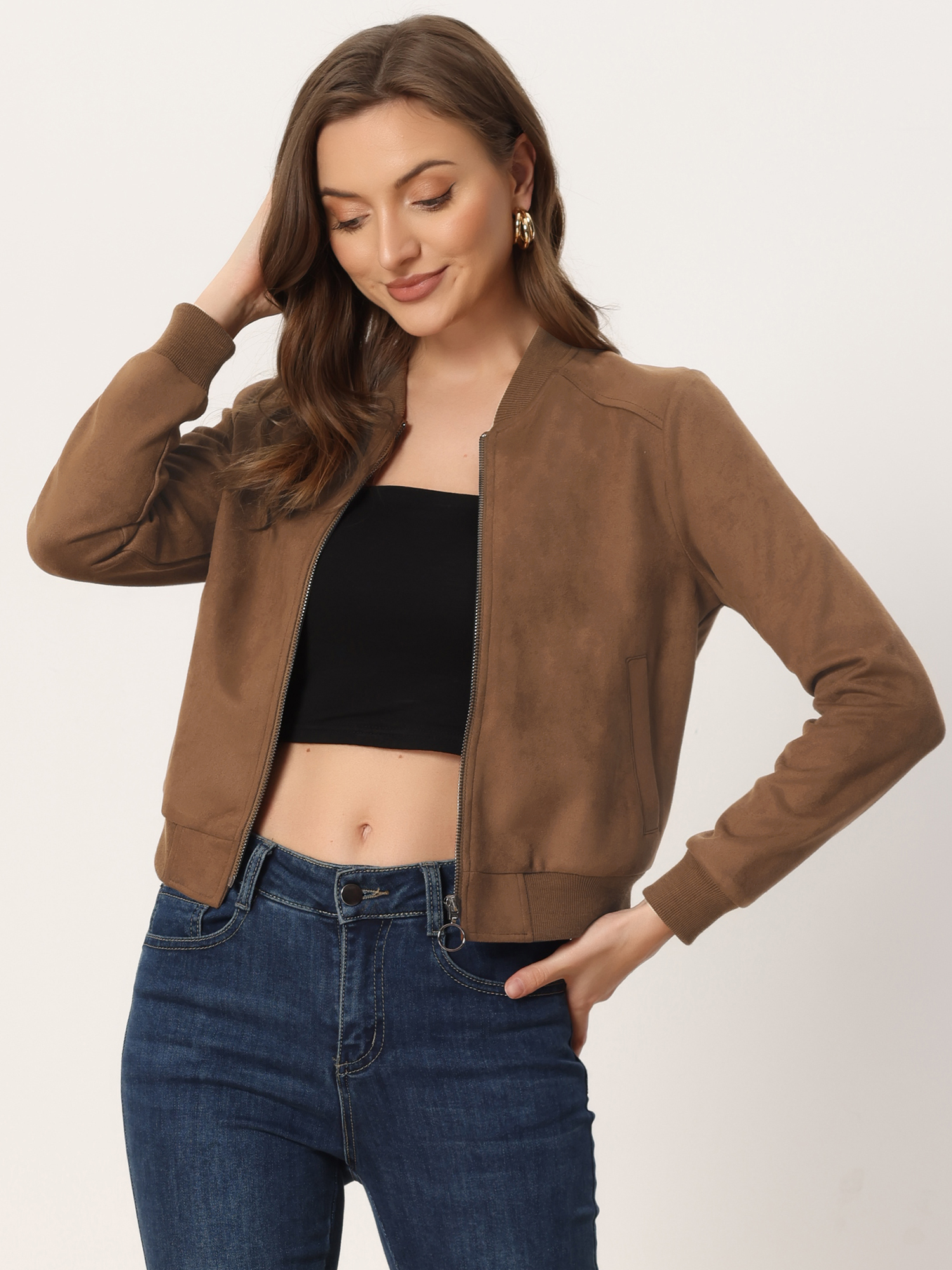 Faux Suede Crop Stand Collar Zip Up Biker Moto Bomber Jackets Brown/S