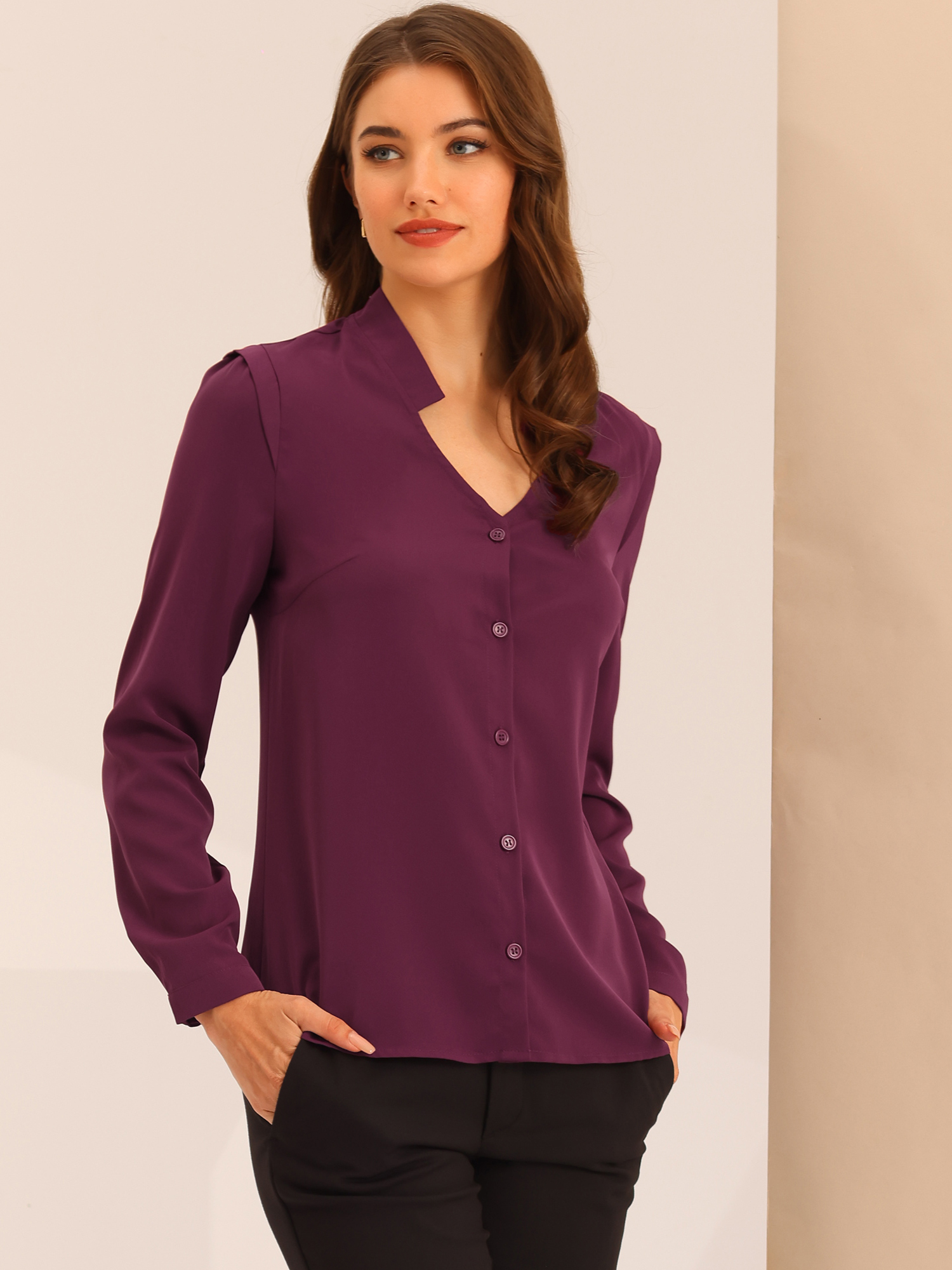 Work Office Blouse Button Up Long Sleeve V Neck Chiffon Shirt Purplish Red/S
