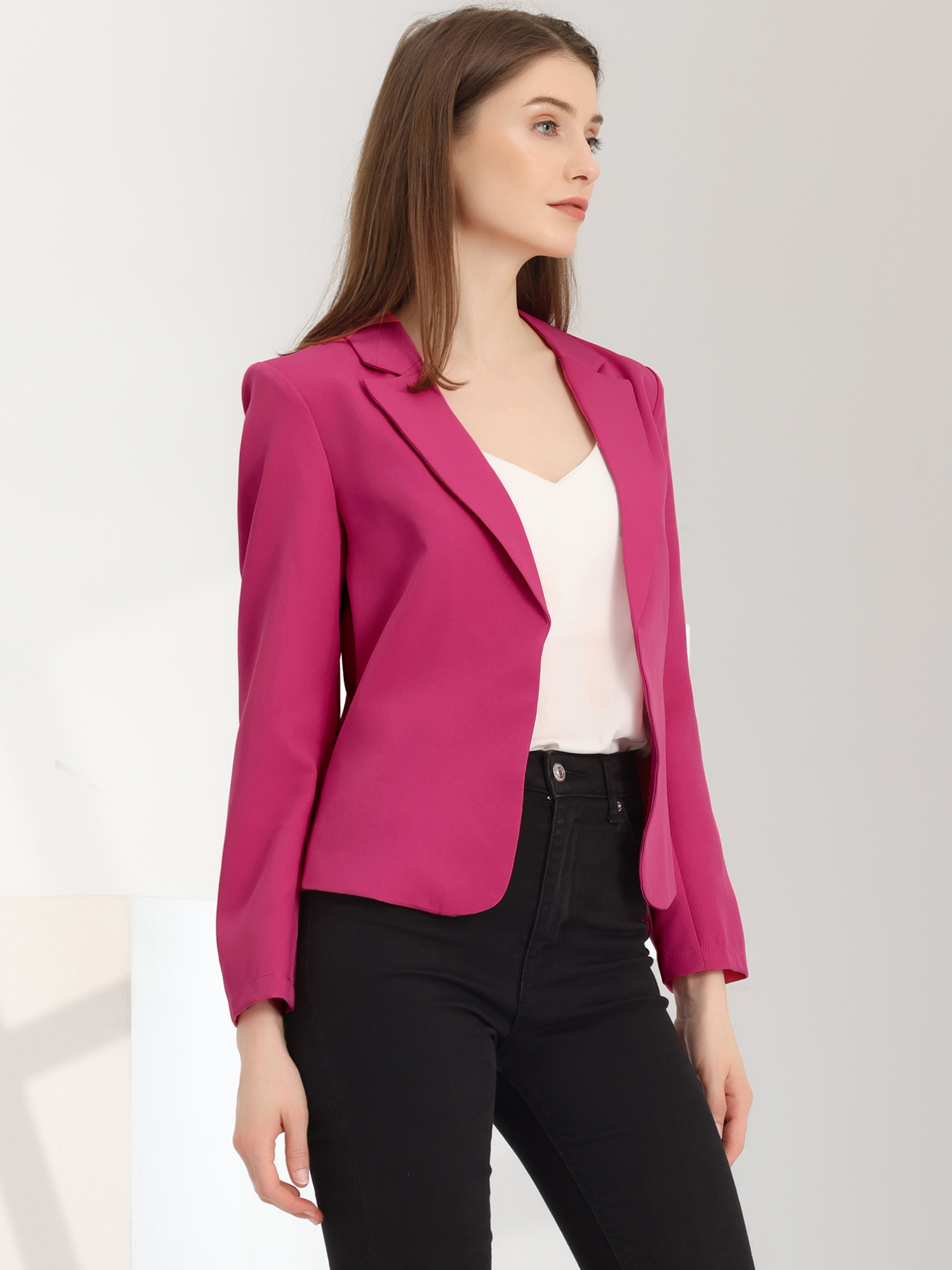 Open Front Office Work Business Crop Suit Blazer Jacket Hot Pink/M