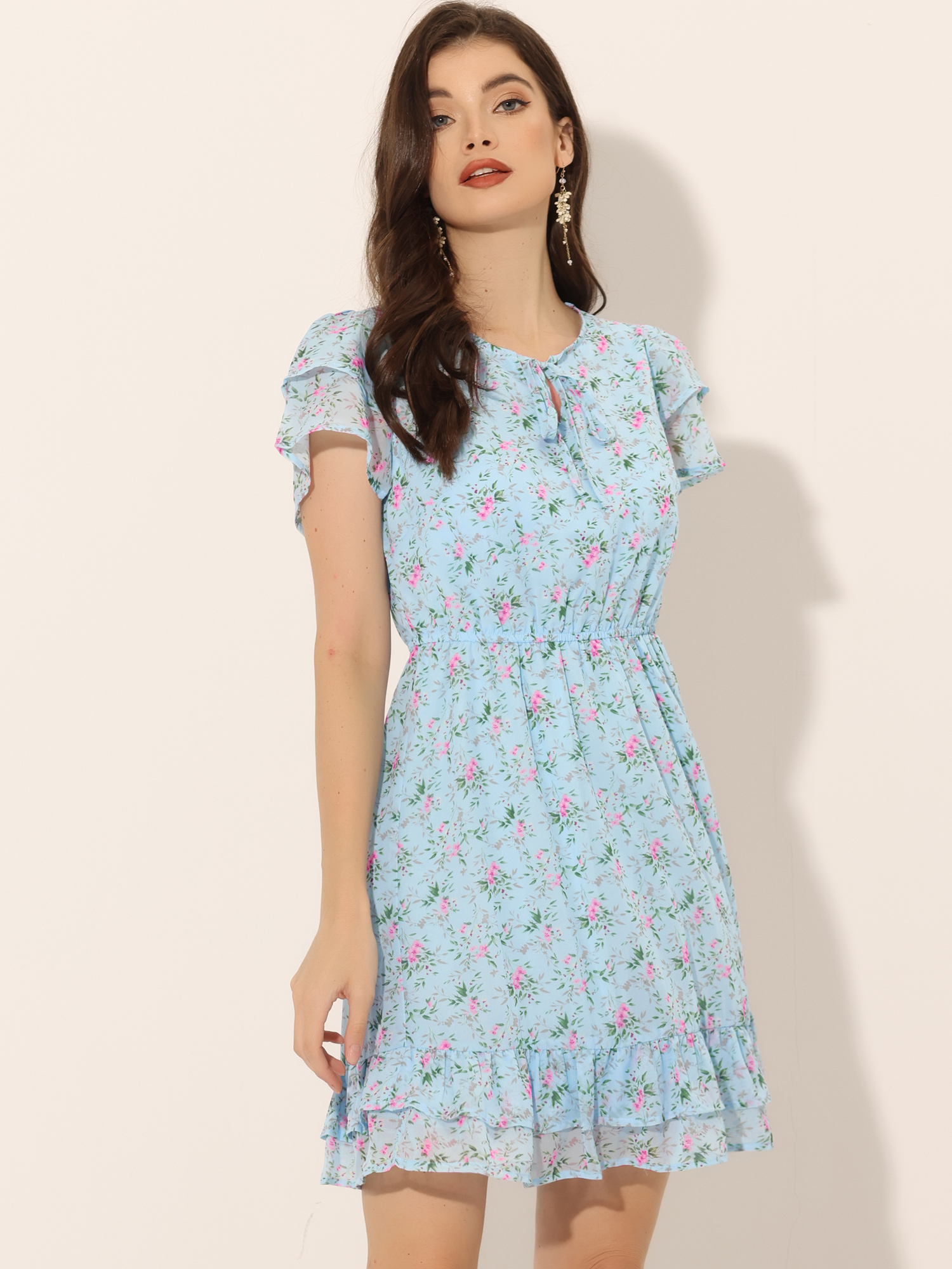 Ruffle Sleeve V Neck Above Knee A-Line Floral Chiffon Dress Light Blue/M