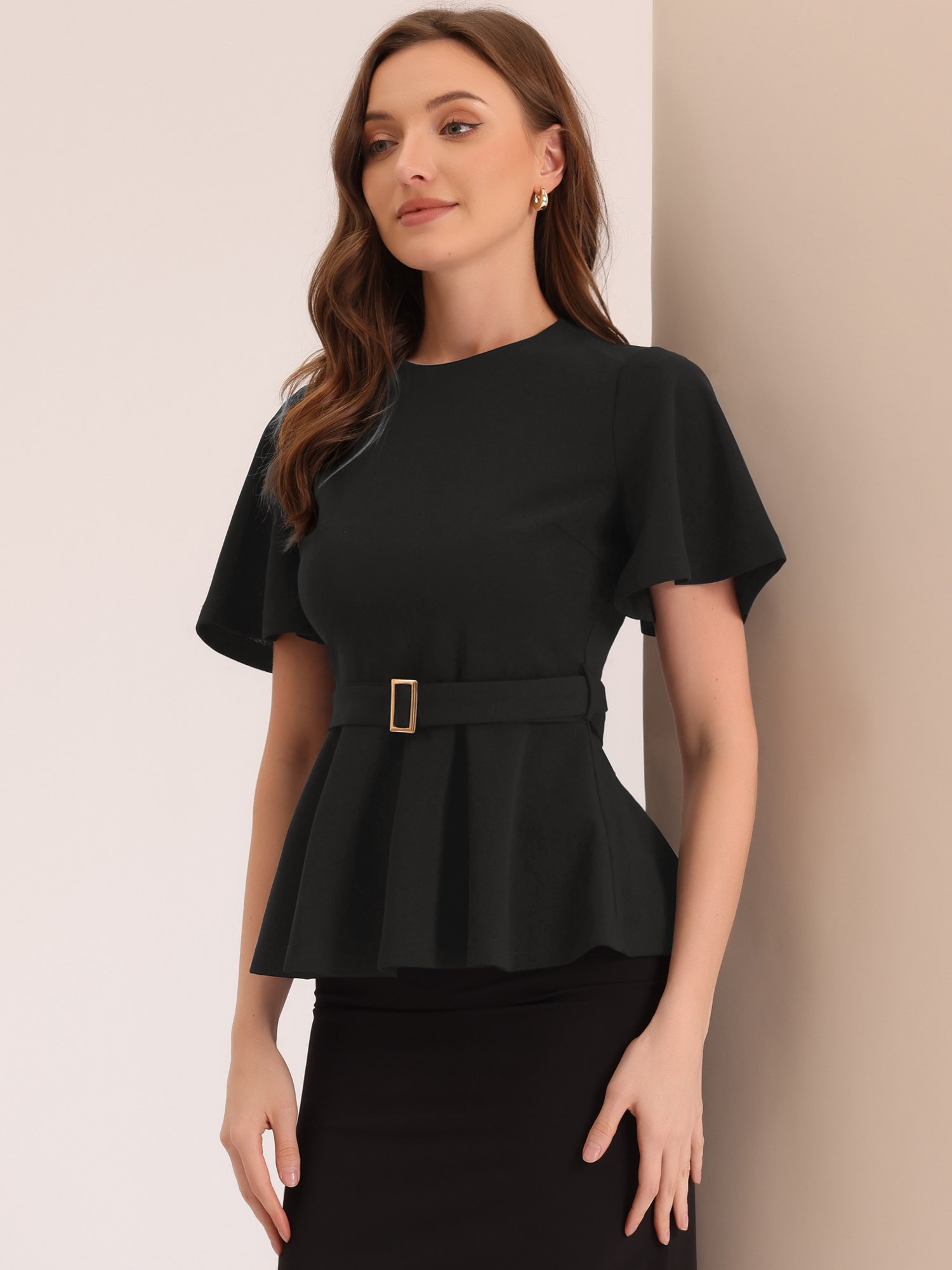 Peplum Round Neck Bell Sleeve Belted Waist Office Blouse Black/XL